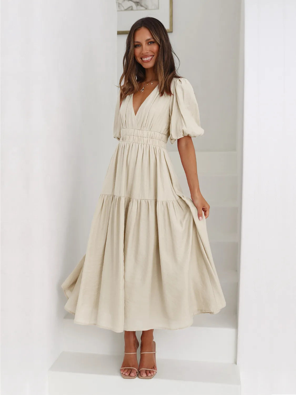Tiered Surplice Half Sleeve Midi Dress – Trendsi | ClozArt