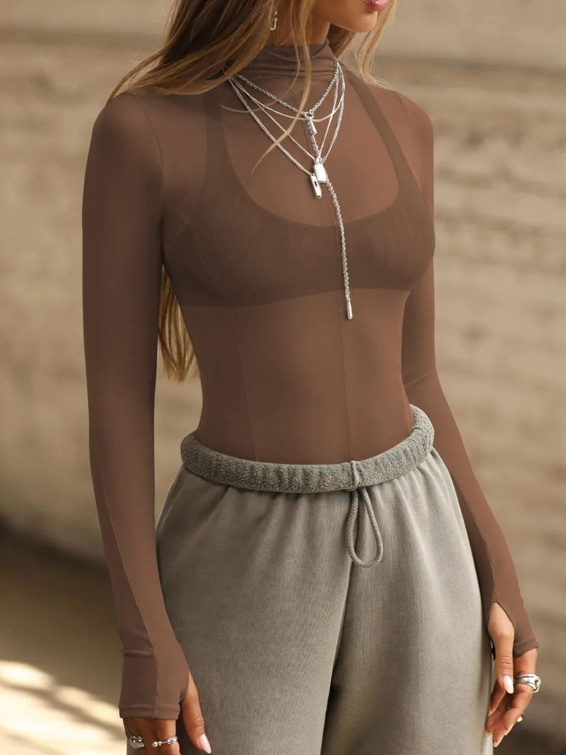 Mock Neck Long Sleeve Sheer Top – Trendsi | ClozArt