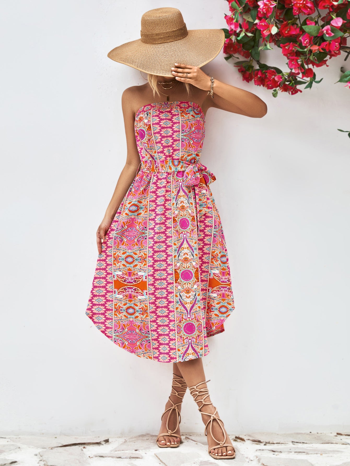 Printed Strapless Tie Belt Dress – Trendsi | ClozArt