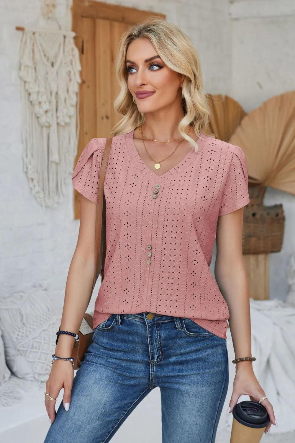 Decorative Button Eyelet V-Neck Short Sleeve T-Shirt – Trendsi | ClozArt