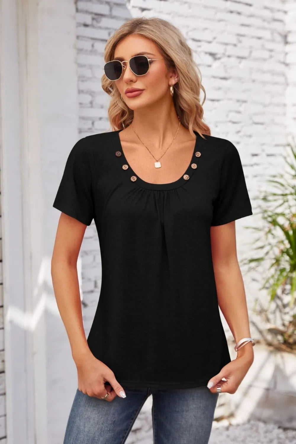 Decorative Button Scoop Neck T-Shirt – Trendsi | ClozArt