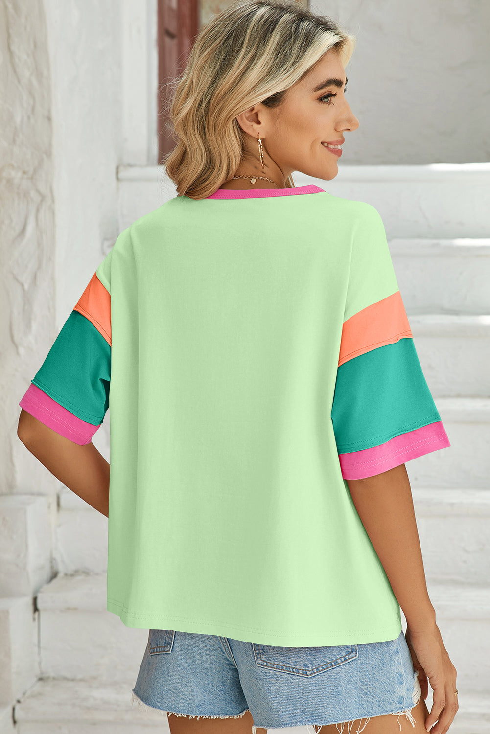 Pink Color Block Sleeve Round Neck Oversize Top – Shewin | ClozArt