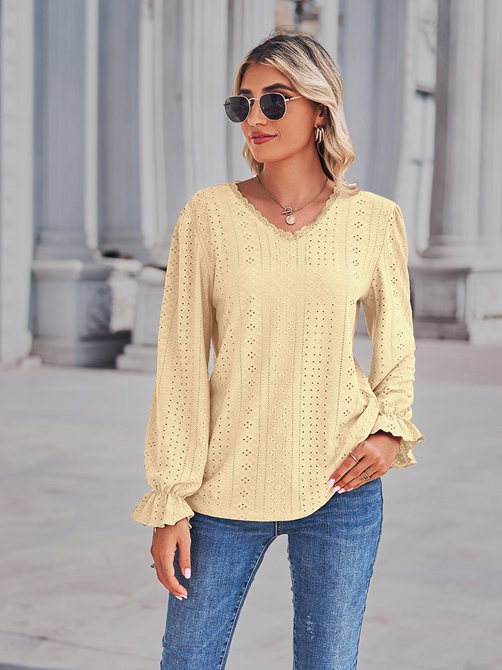 Eyelet V-Neck Flounce Sleeve Blouse – Trendsi | ClozArt