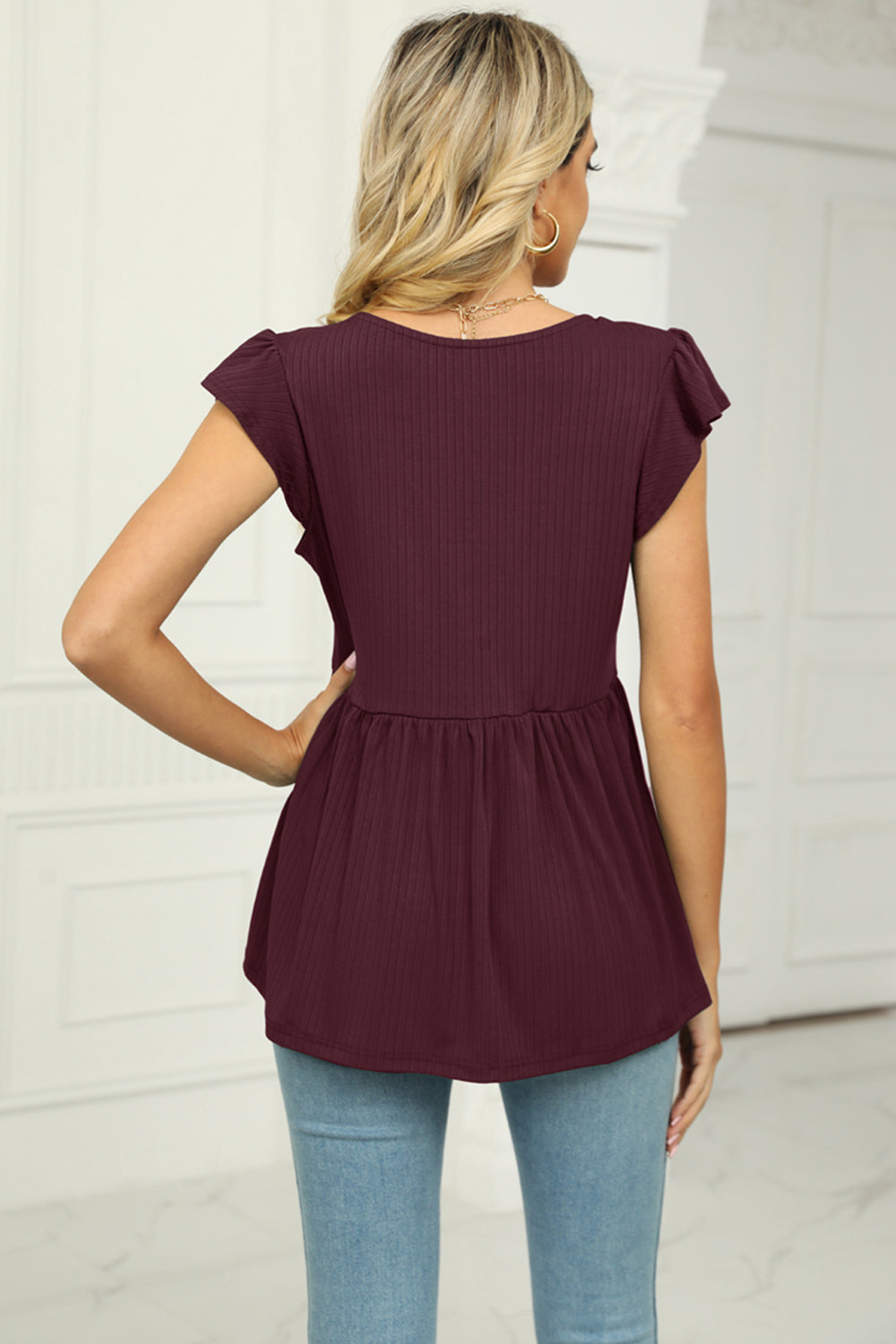 V-Neck Flutter Sleeve Babydoll Blouse – Trendsi | ClozArt