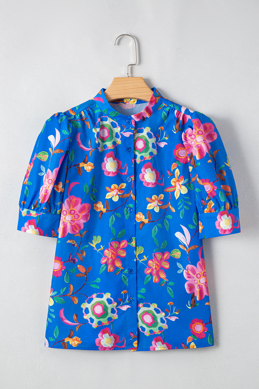 Blue Puff Sleeve Button Up Boho Floral Shirt – Shewin | ClozArt