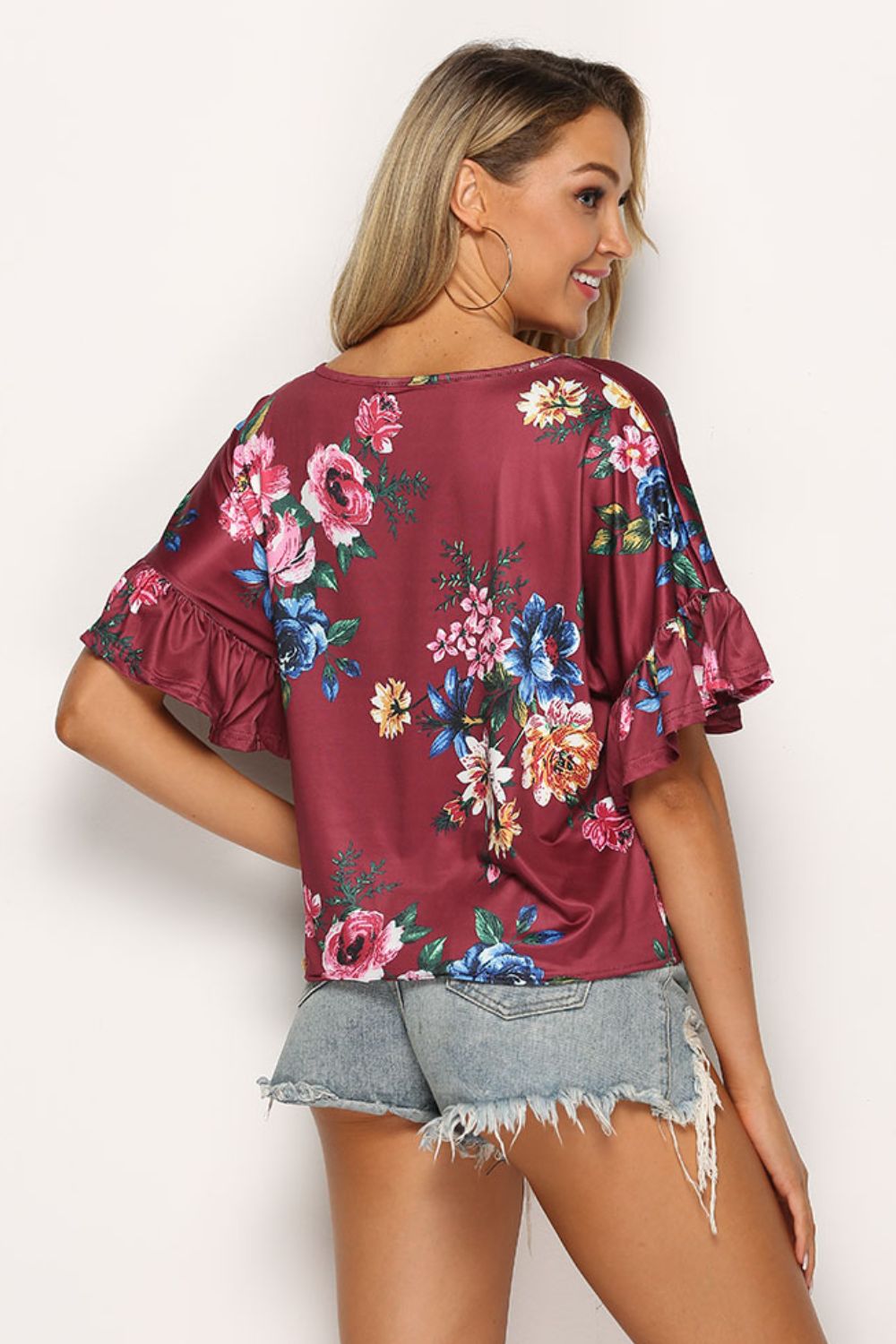 Shiny Floral Tie Hem Flounce Sleeve Top – Trendsi | ClozArt