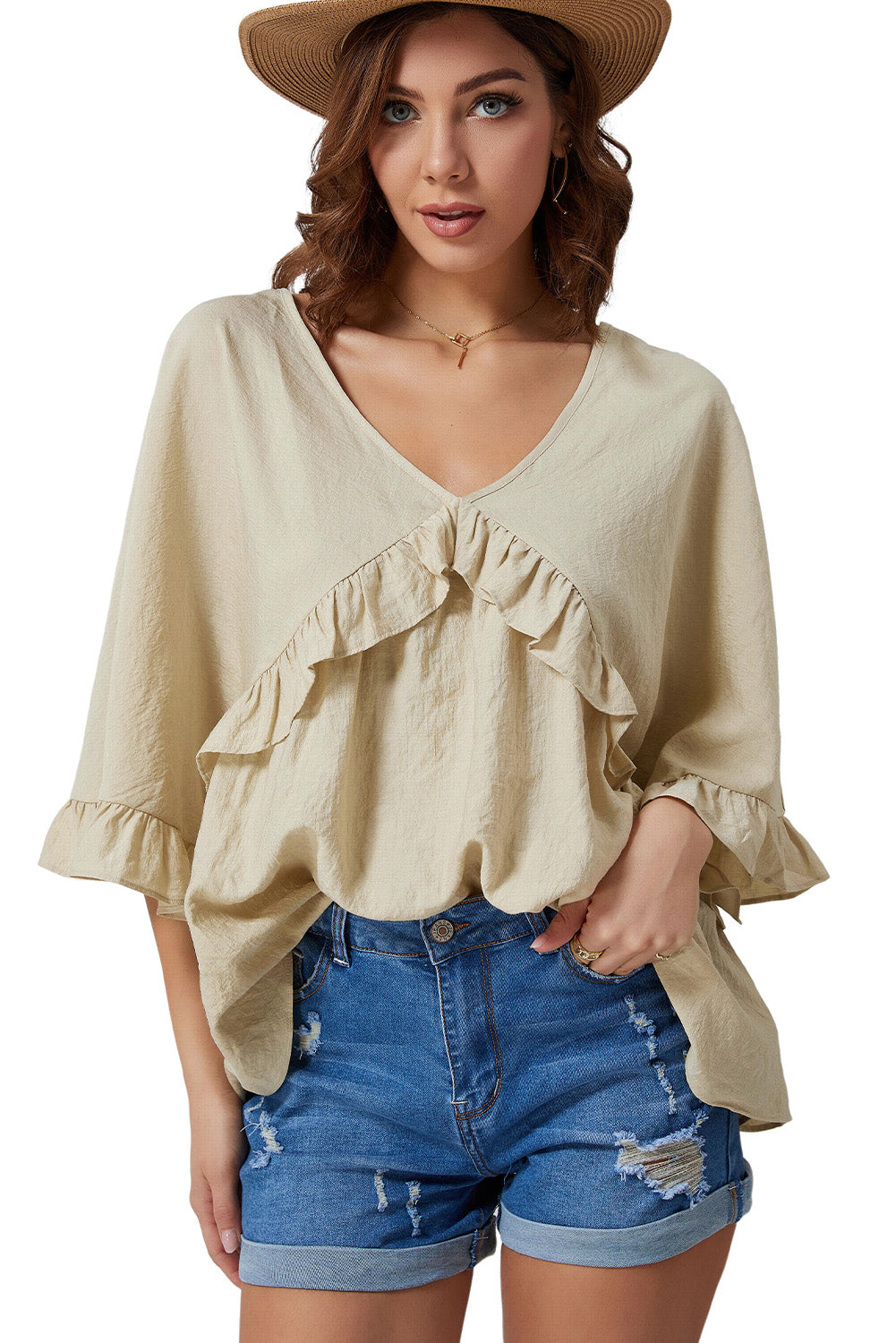 Ruffled V-Neck Half Sleeve Blouse – Trendsi | ClozArt