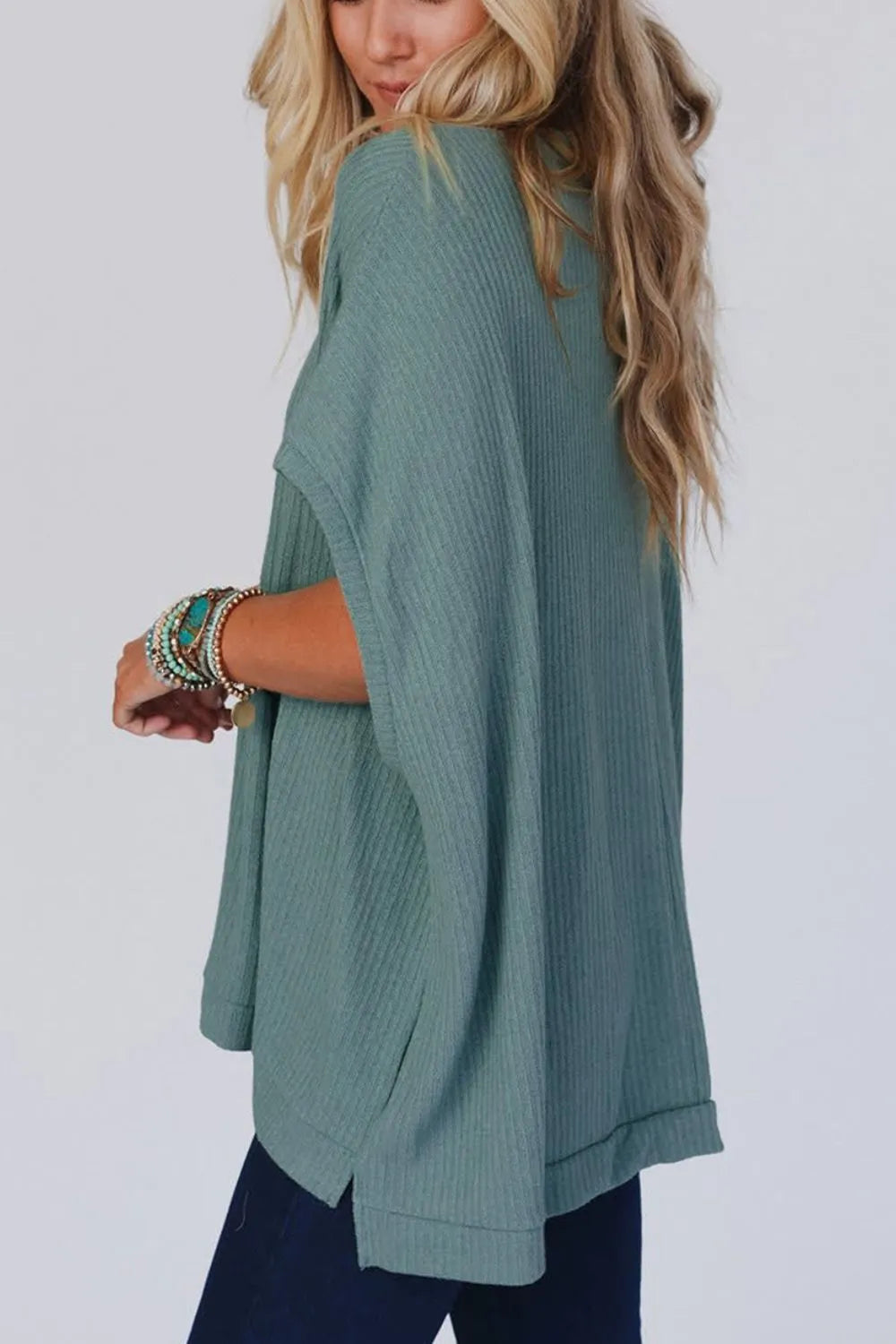 Oversized Ribbed Knit V Neck Dolman Short Sleeve Top – Trendsi | ClozArt