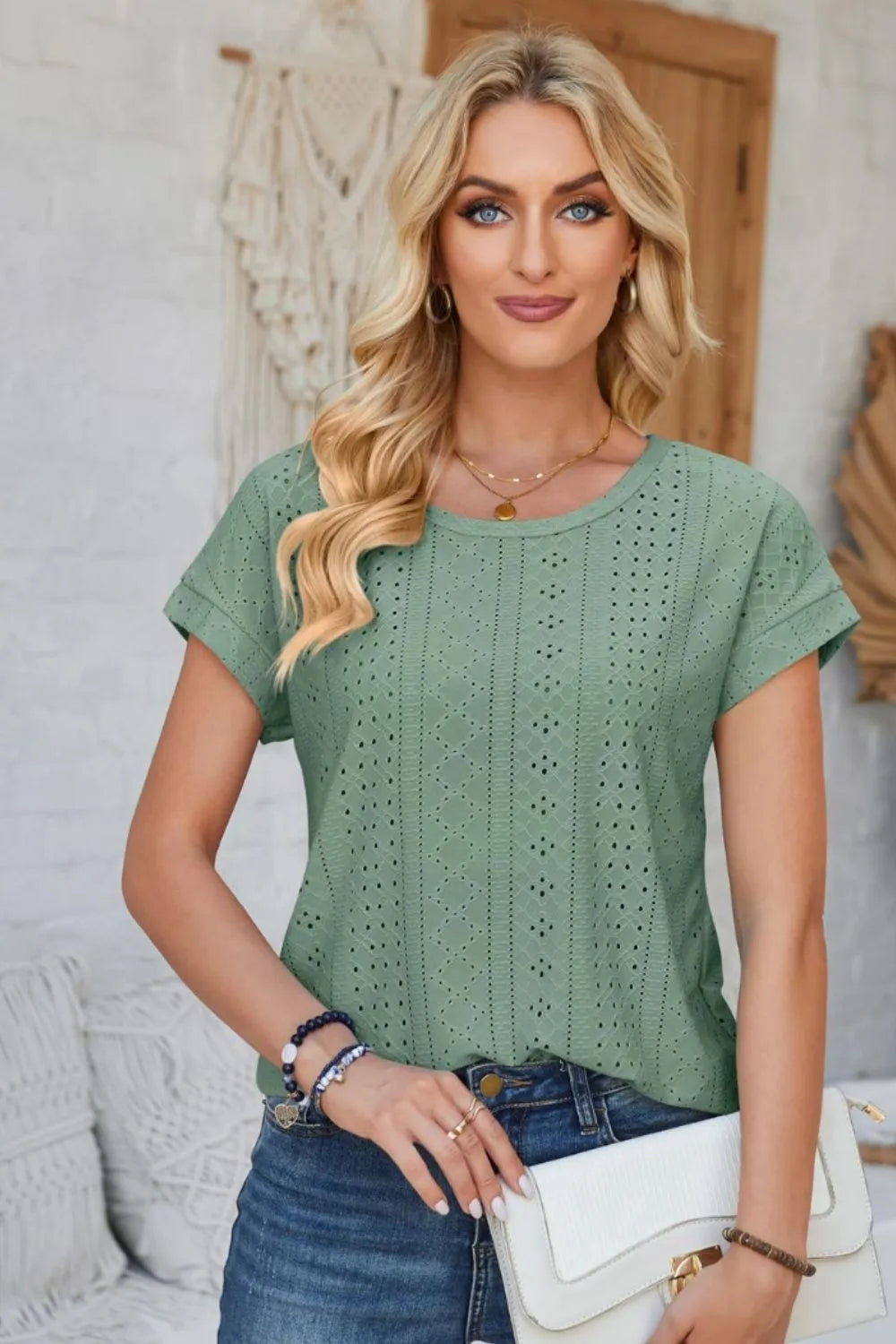 Eyelet Round Neck Rolled Short Sleeve T-Shirt – Trendsi | ClozArt