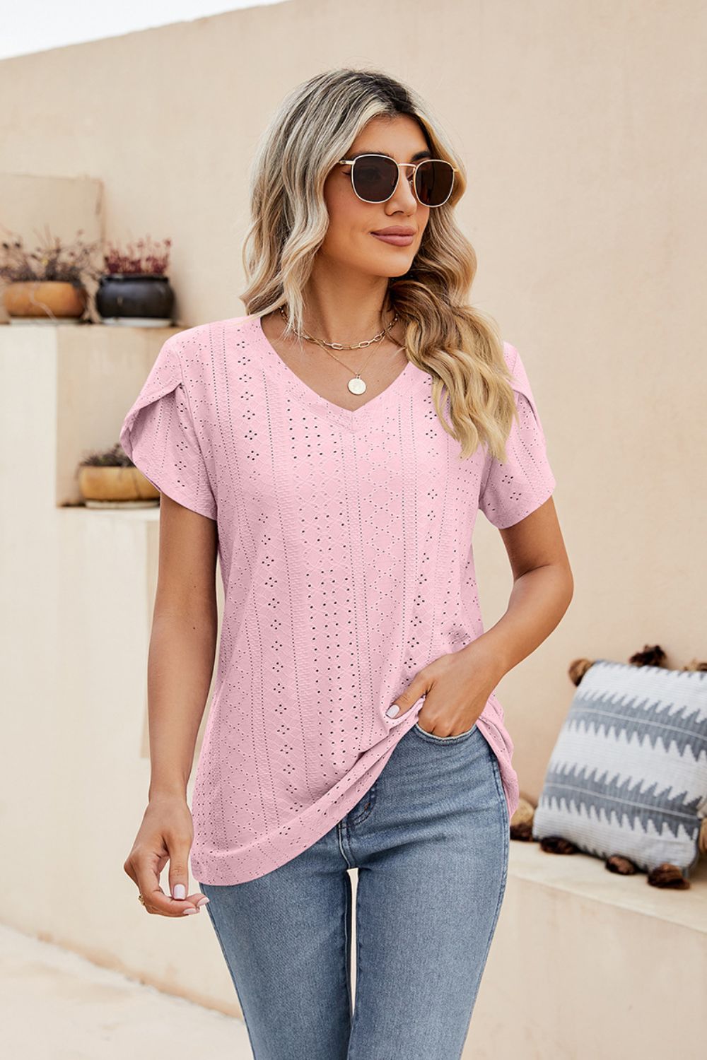 Eyelet Petal Sleeve V-Neck Knit Top – Trendsi | ClozArt