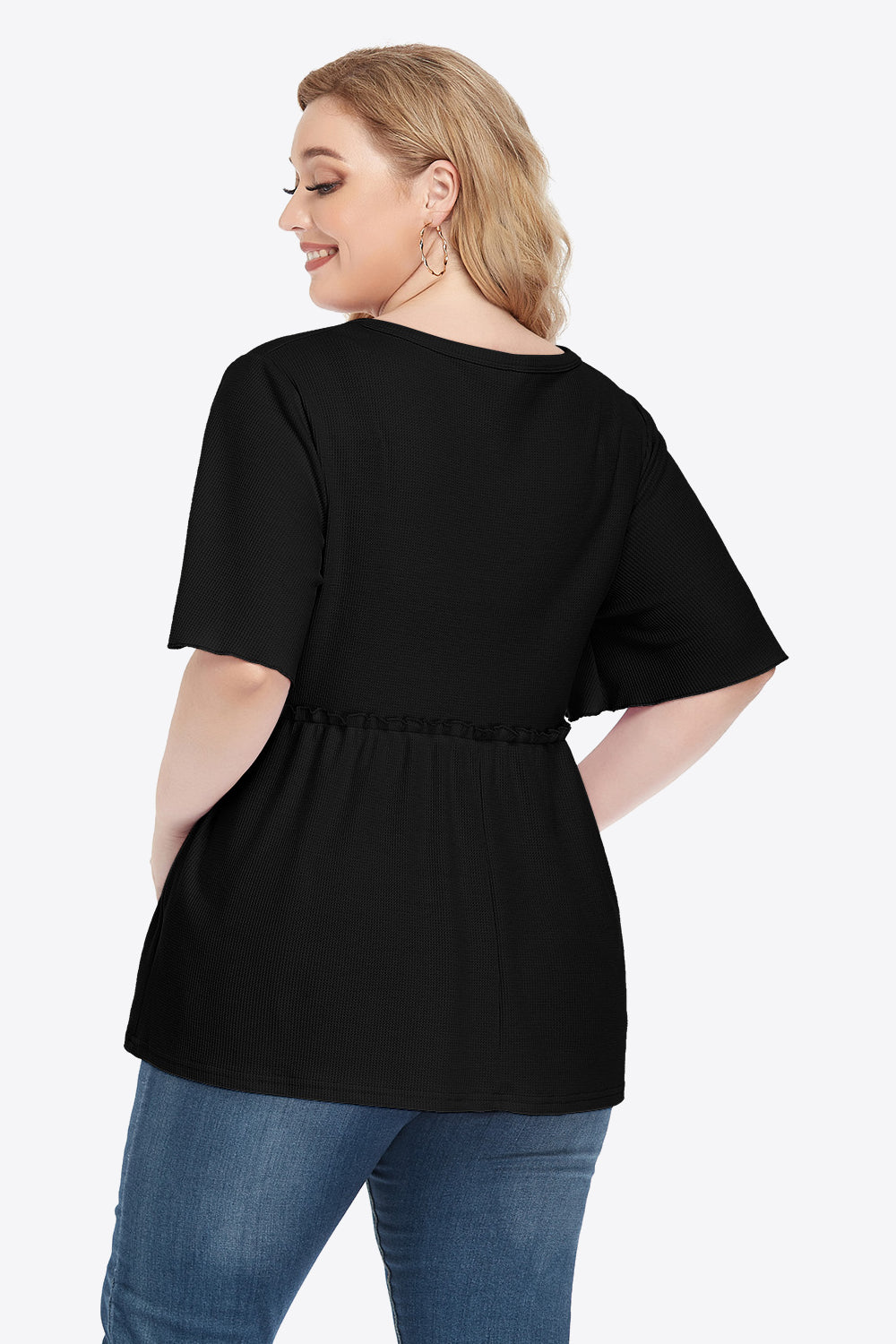 Plus Size Buttoned V-Neck Frill Trim Babydoll Blouse – Trendsi | ClozArt