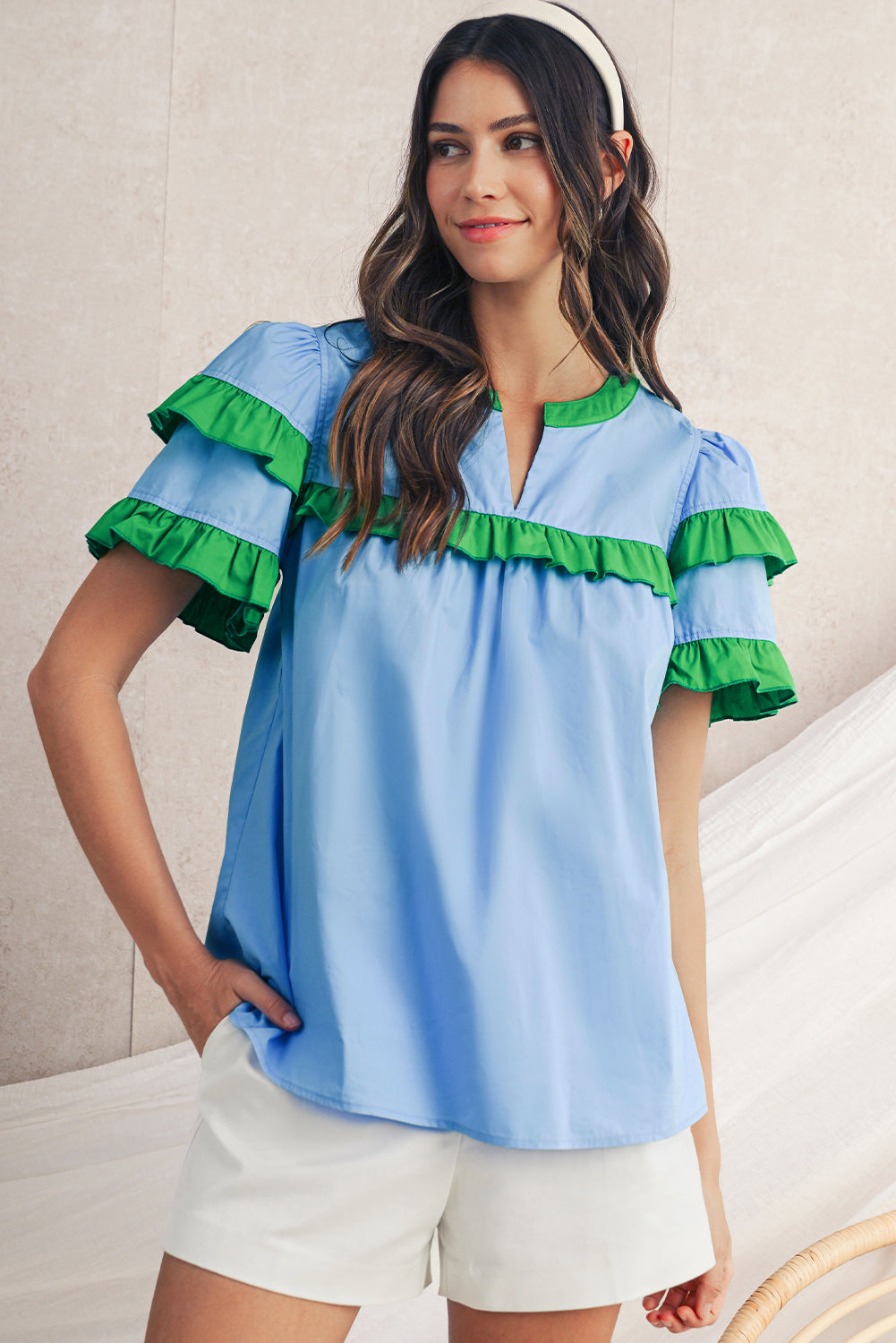 Mist Blue Ruffle Trim V-Neck Puff Sleeve Blouse – Shewin | ClozArt