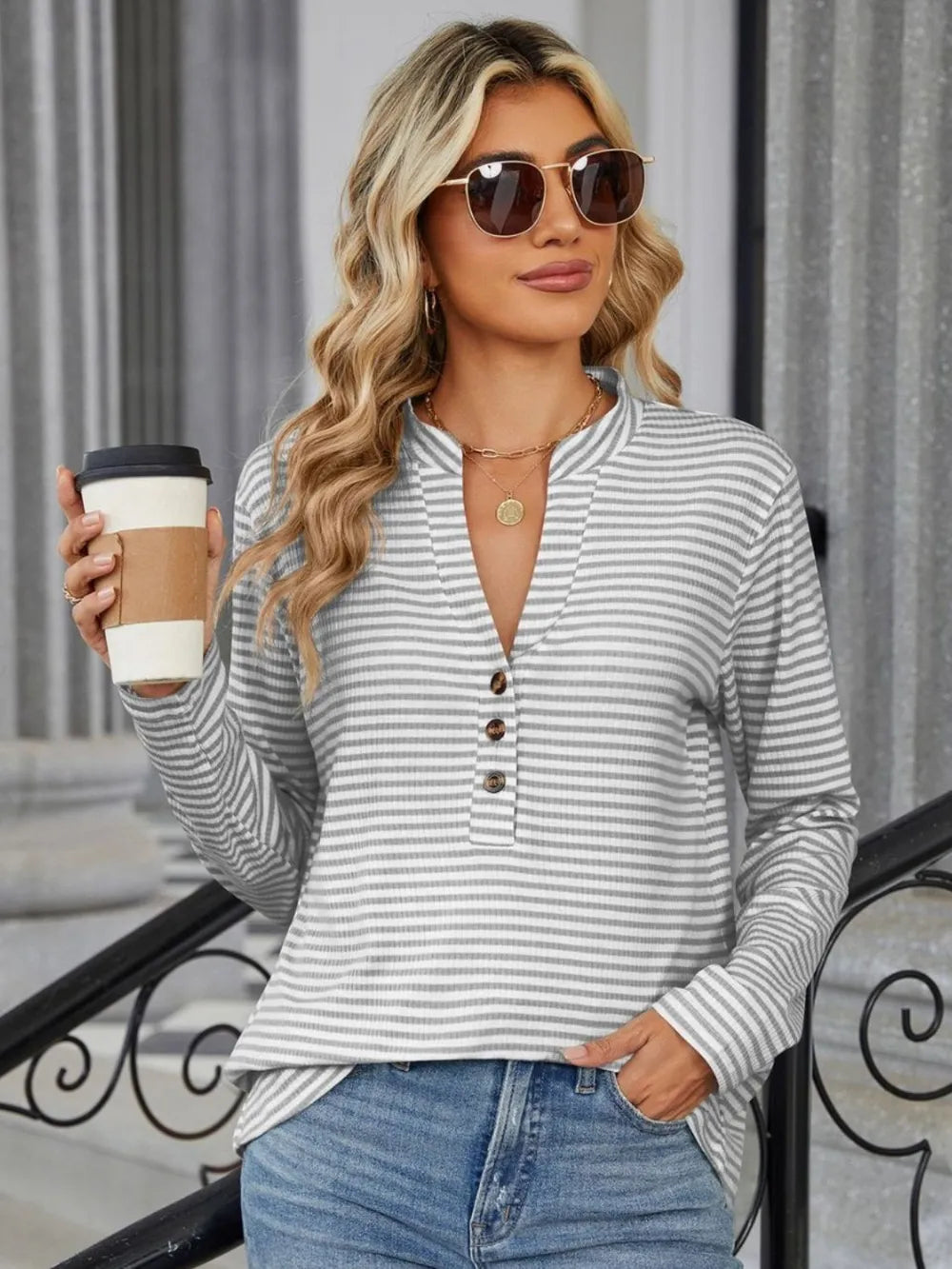 Striped Notched Long Sleeve T-Shirt – Trendsi | ClozArt