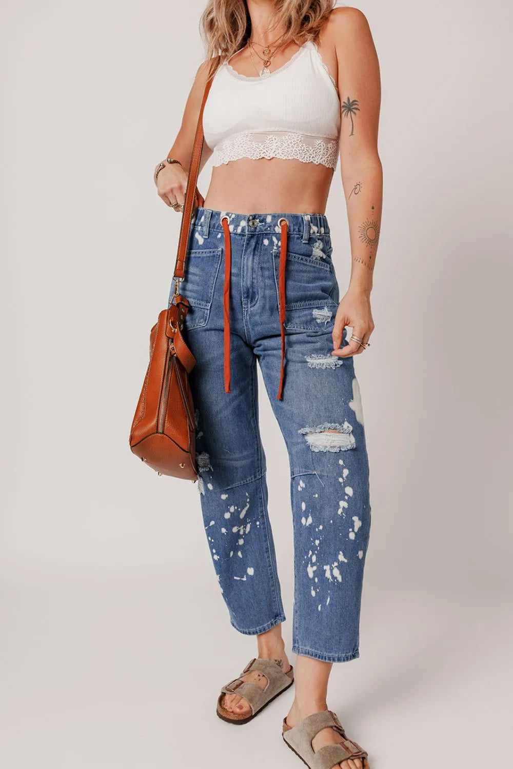 Distressed Splattering Paint Rope Waist Cropped Straight Jeans – Trendsi | ClozArt
