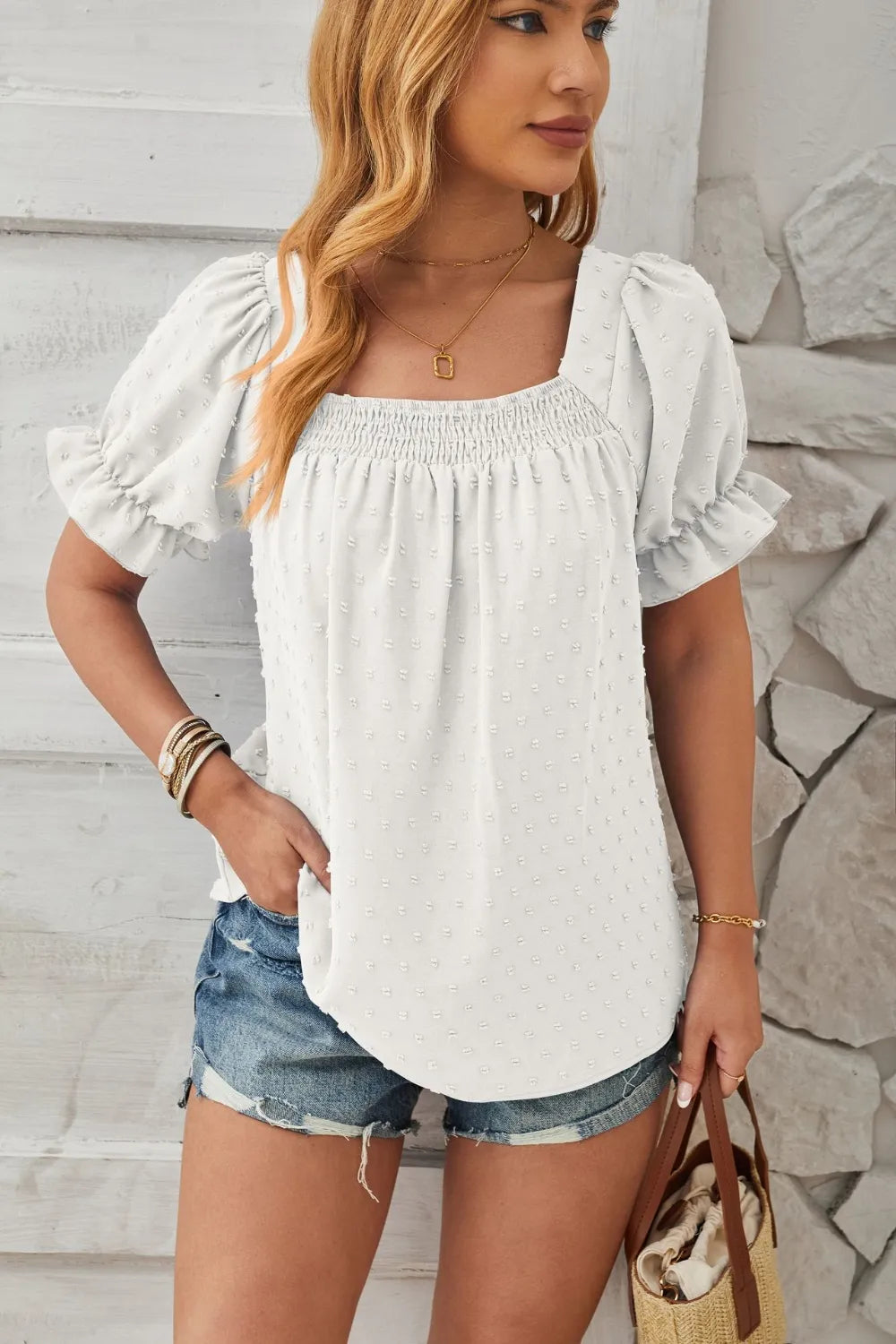 Swiss Dot Smocked Square Neck Short Sleeve T-Shirt – Trendsi | ClozArt