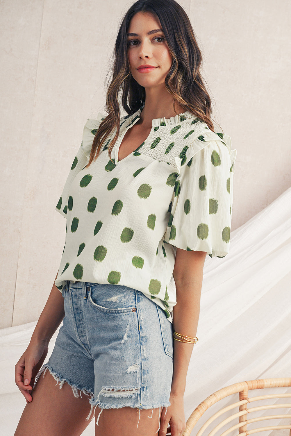 Black Polka Dot Print Smocked Notched Neck Balloon Sleeve Blouse – Shewin | ClozArt