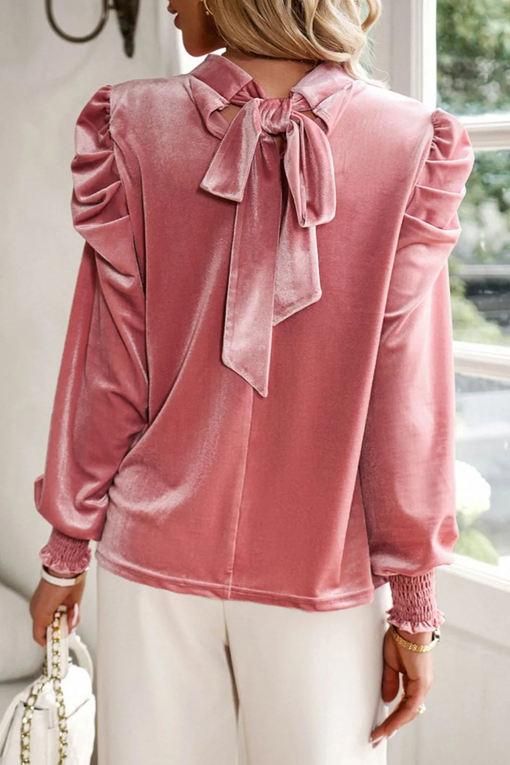 Tie Up Mock Neck Velvet Fabric Long Sleeve Blouse – Trendsi | ClozArt