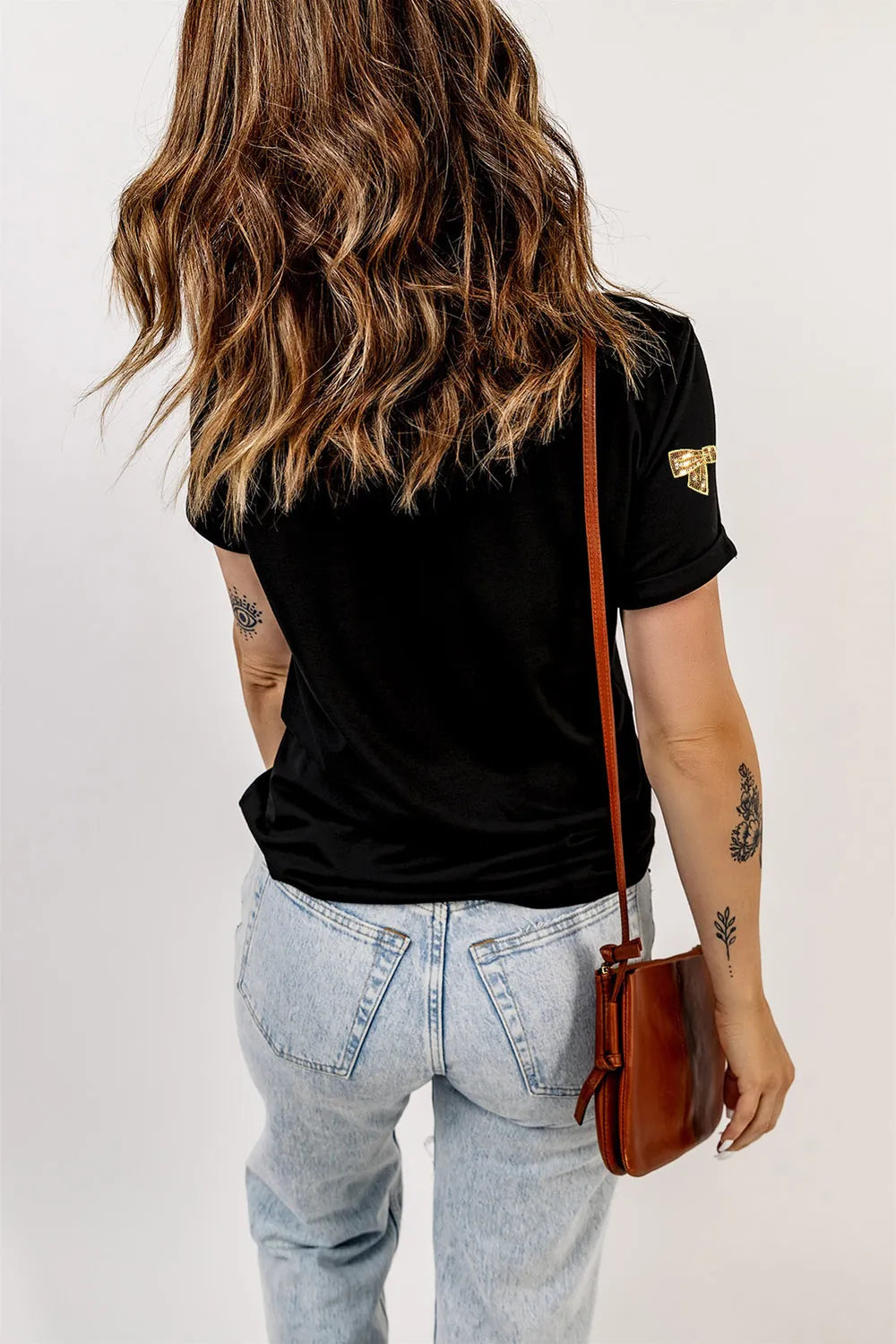 Bow Print Sequin Round Neck Short Sleeve T-Shirt – Trendsi | ClozArt