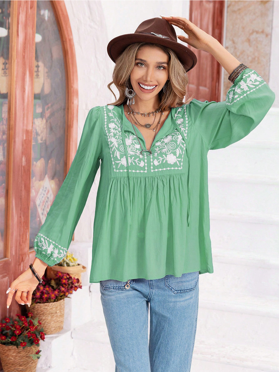 Floral Tie Neck Balloon Sleeve Blouse – Trendsi | ClozArt