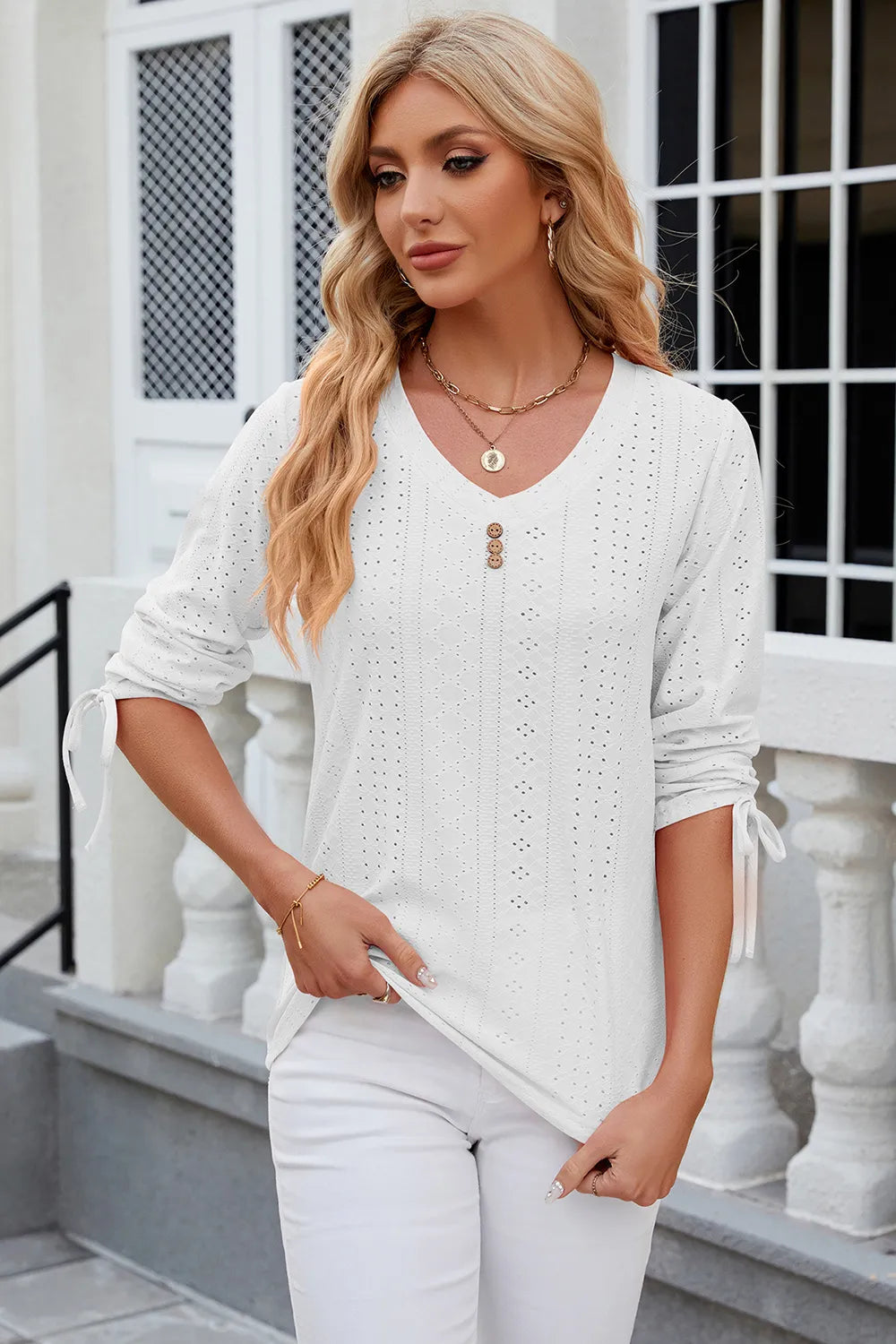 Eyelet Drawstring V-Neck Half Sleeve T-Shirt – Trendsi | ClozArt