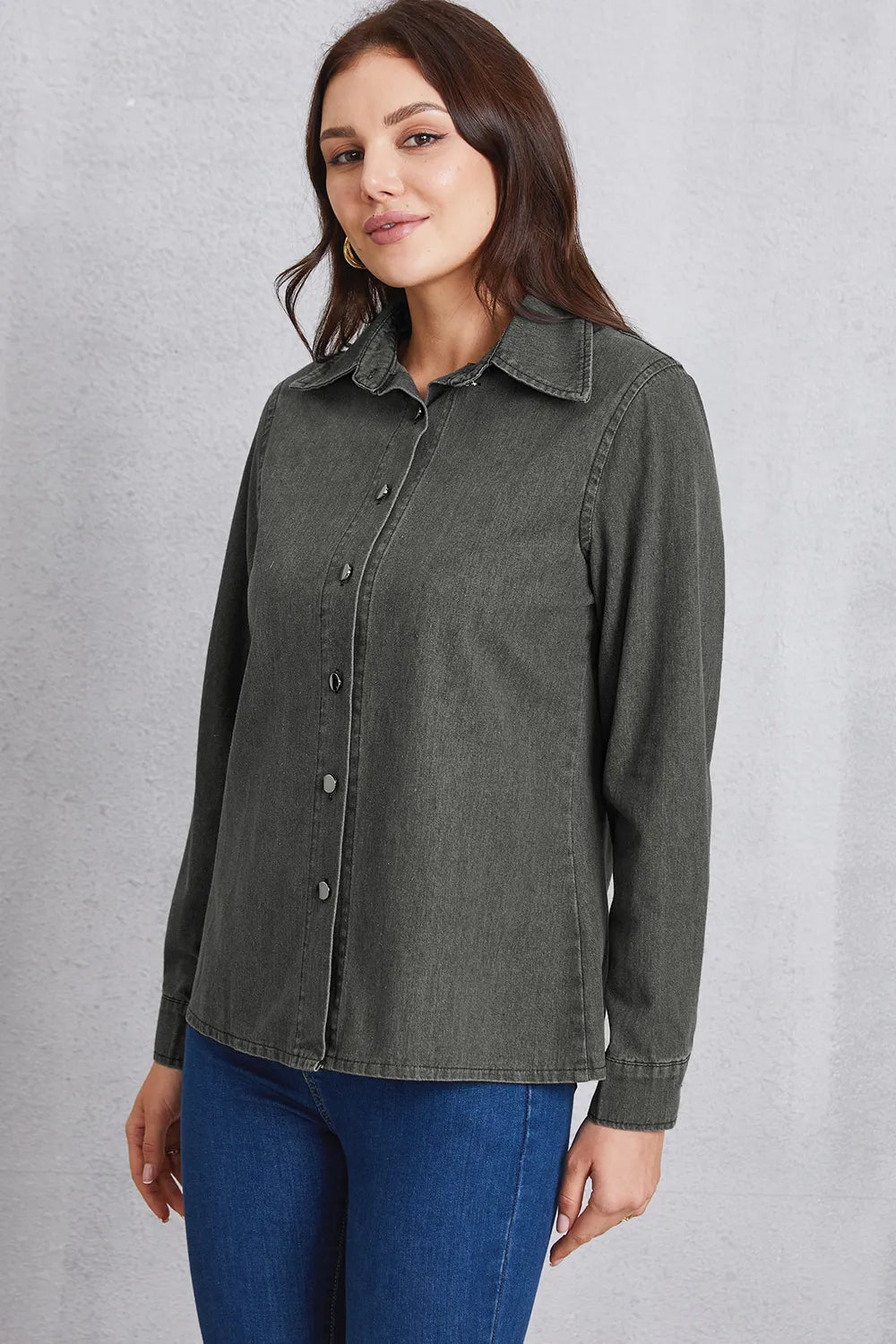 Collared Neck Button Up Denim Top – Trendsi | ClozArt