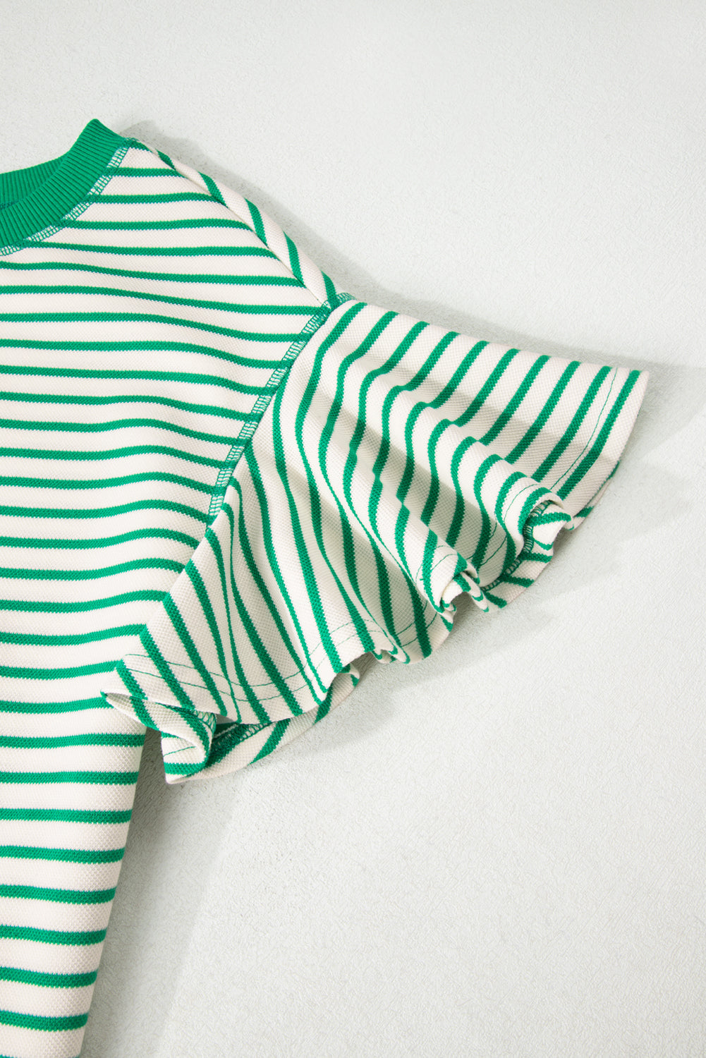 Sachet Pink Striped Ruffle Sleeve Round Neck Top – Shewin | ClozArt
