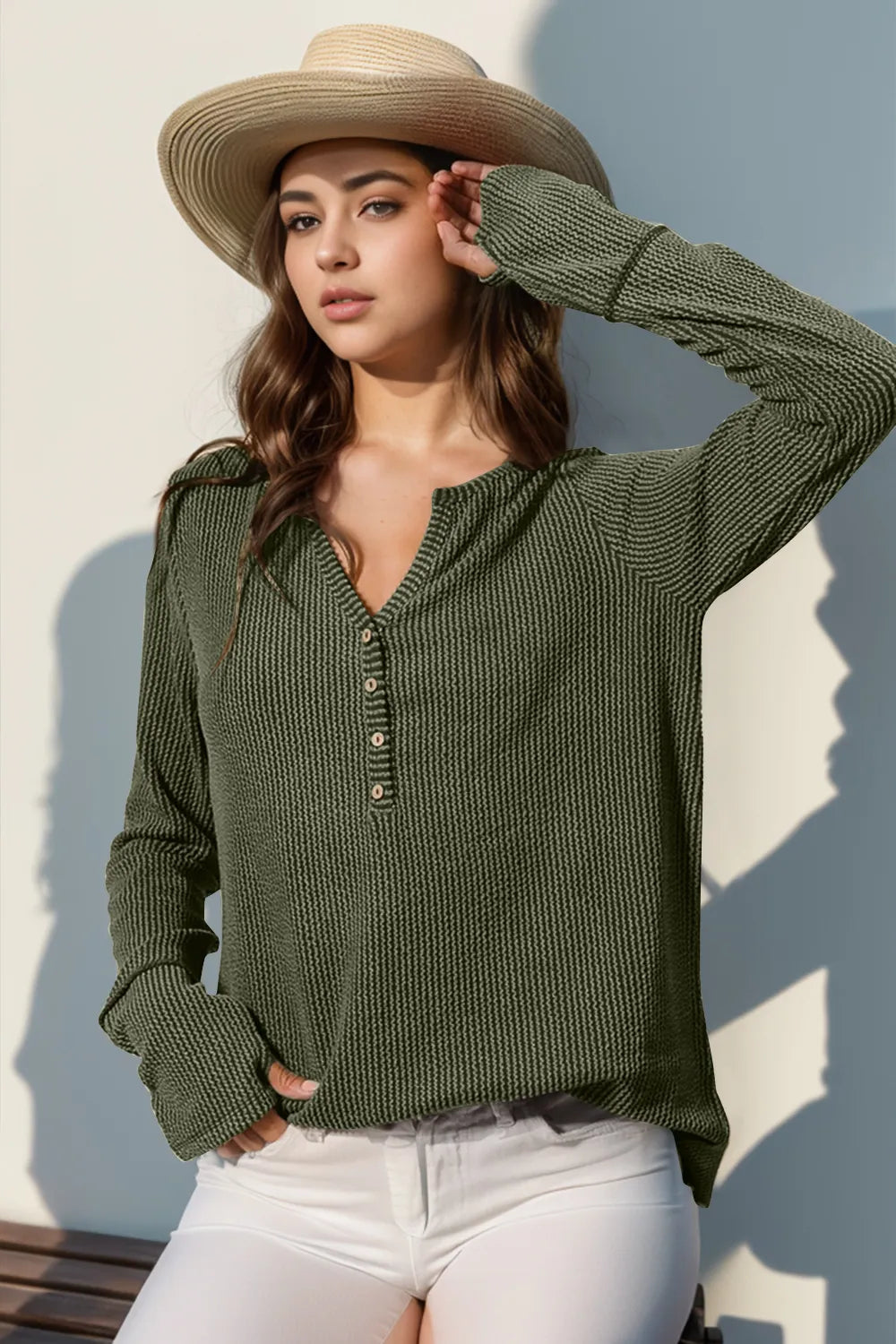 Double Take Full Size Notched Thumbhole Long Sleeve T-Shirt – Trendsi | ClozArt