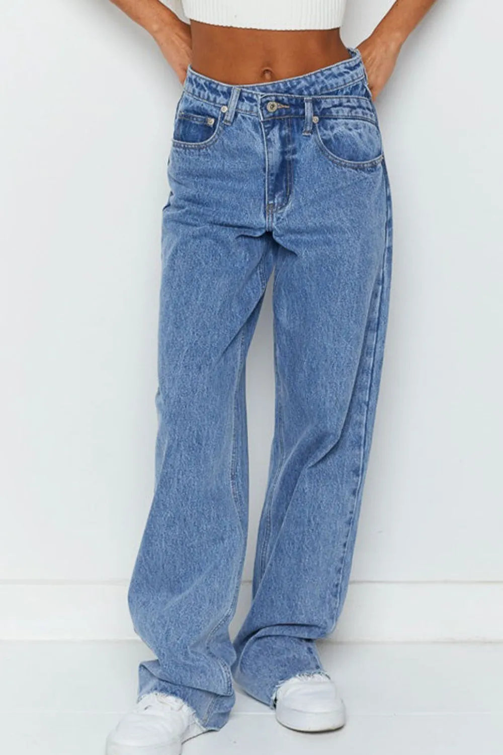 Mid Rise Asymmetrical Waist Wide Leg Jeans – Trendsi | ClozArt