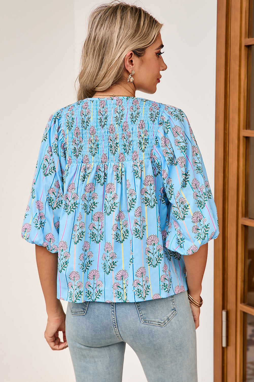 Sky Blue Floral Striped Smocked V Neck Blouse – Shewin | ClozArt