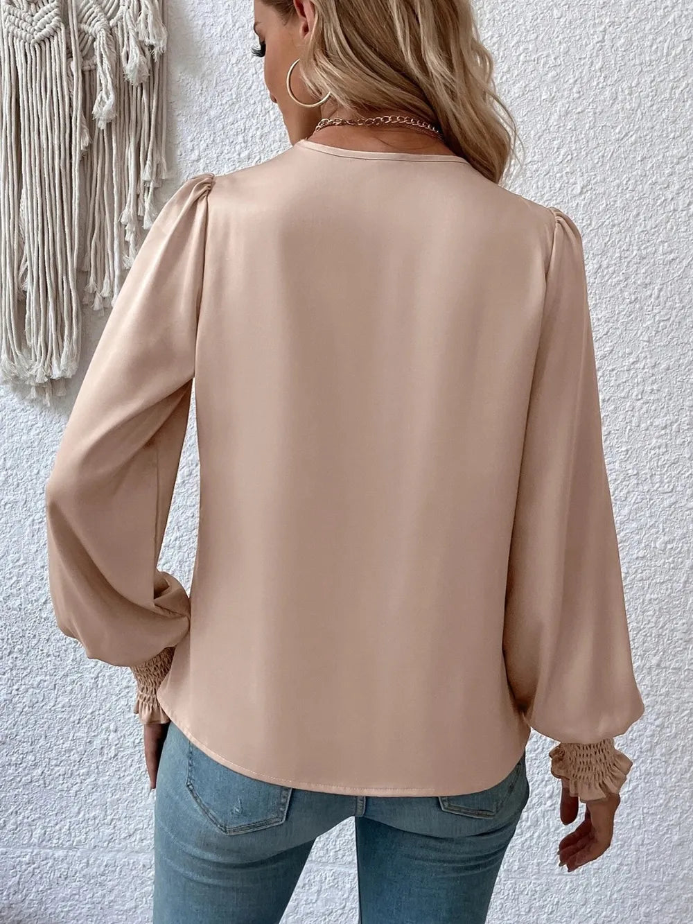 Surplice Smocked Lantern Sleeve Blouse – Trendsi | ClozArt