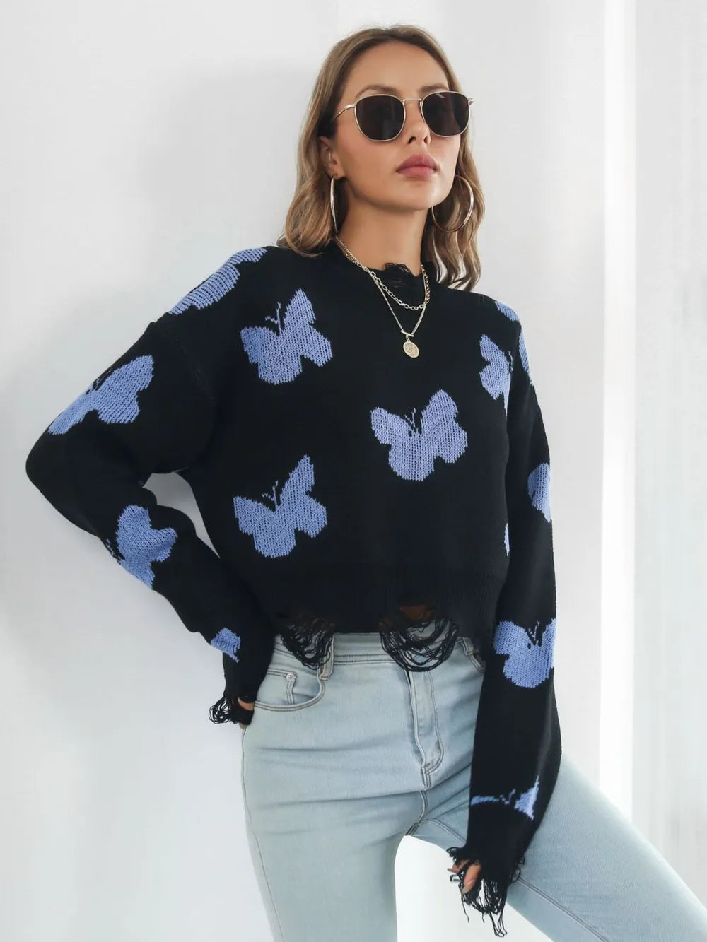Distressed Butterfly Cropped Sweater – Trendsi | ClozArt