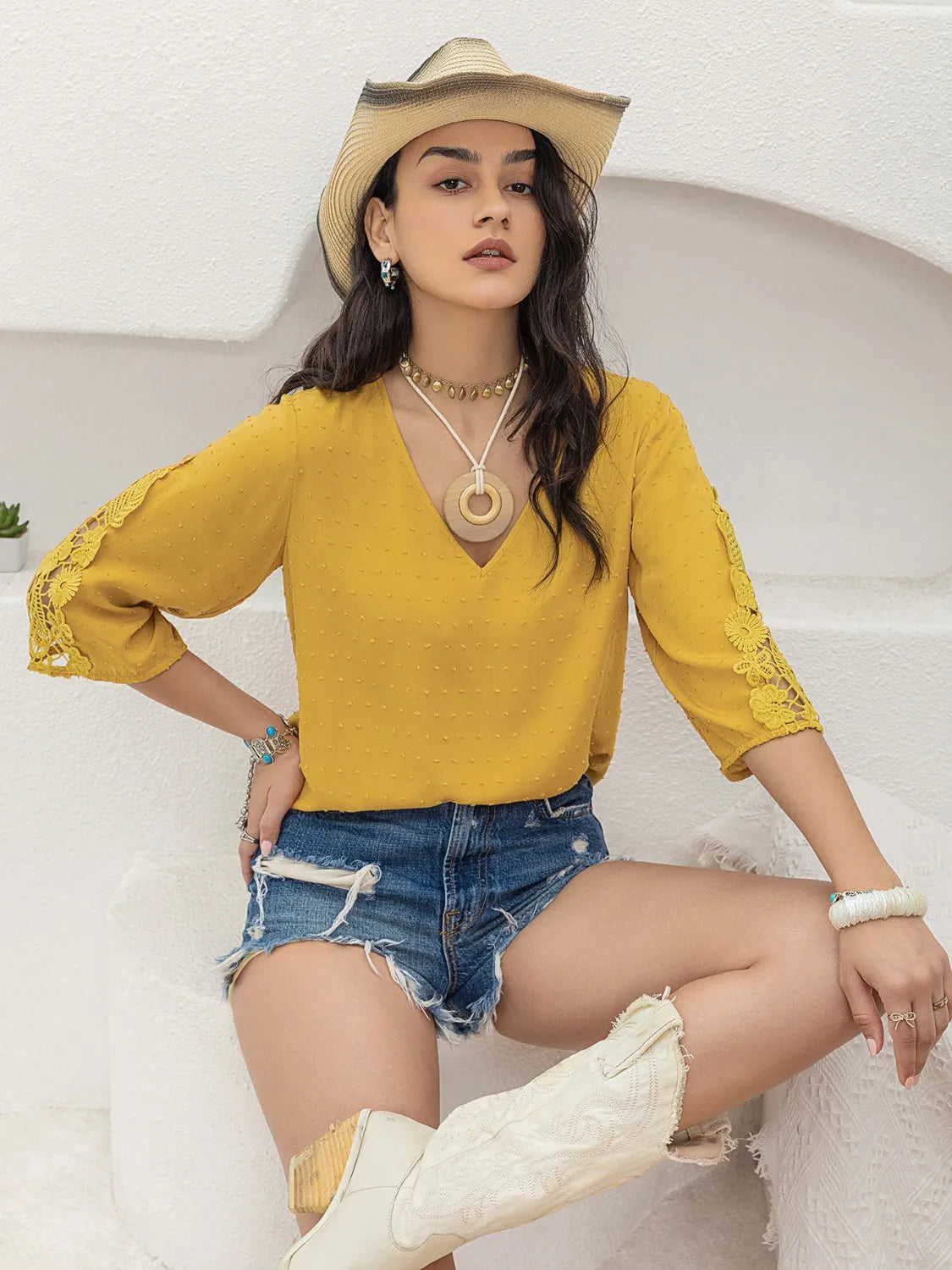 V-Neck Lace Three-Quarter Sleeve Top – Trendsi | ClozArt