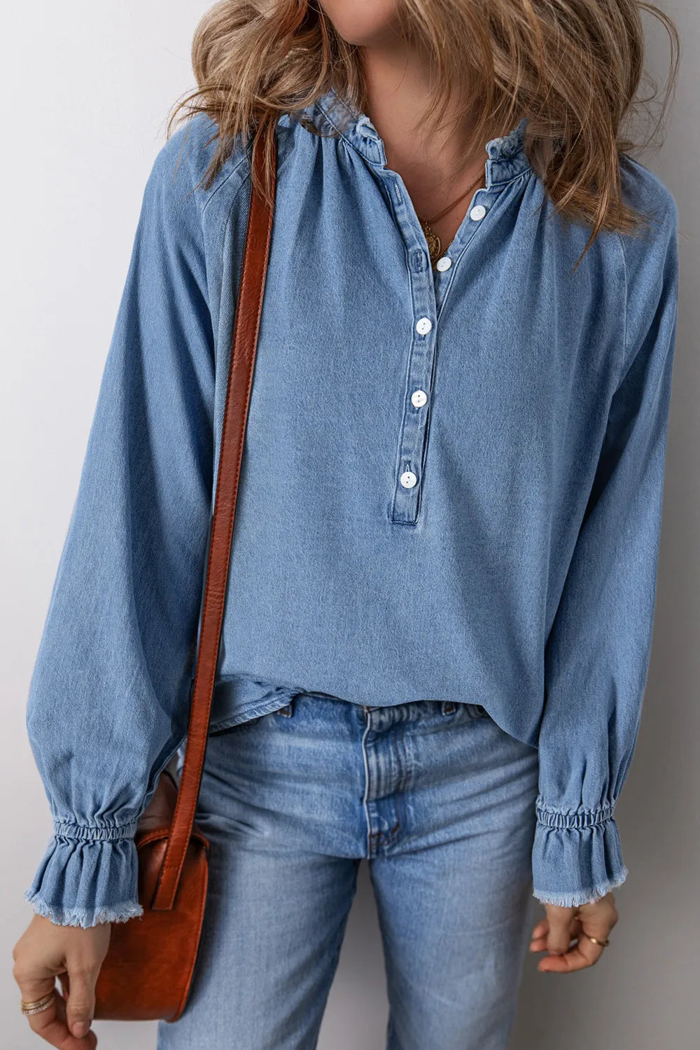 Half Button Long Sleeve Denim Top – Trendsi | ClozArt