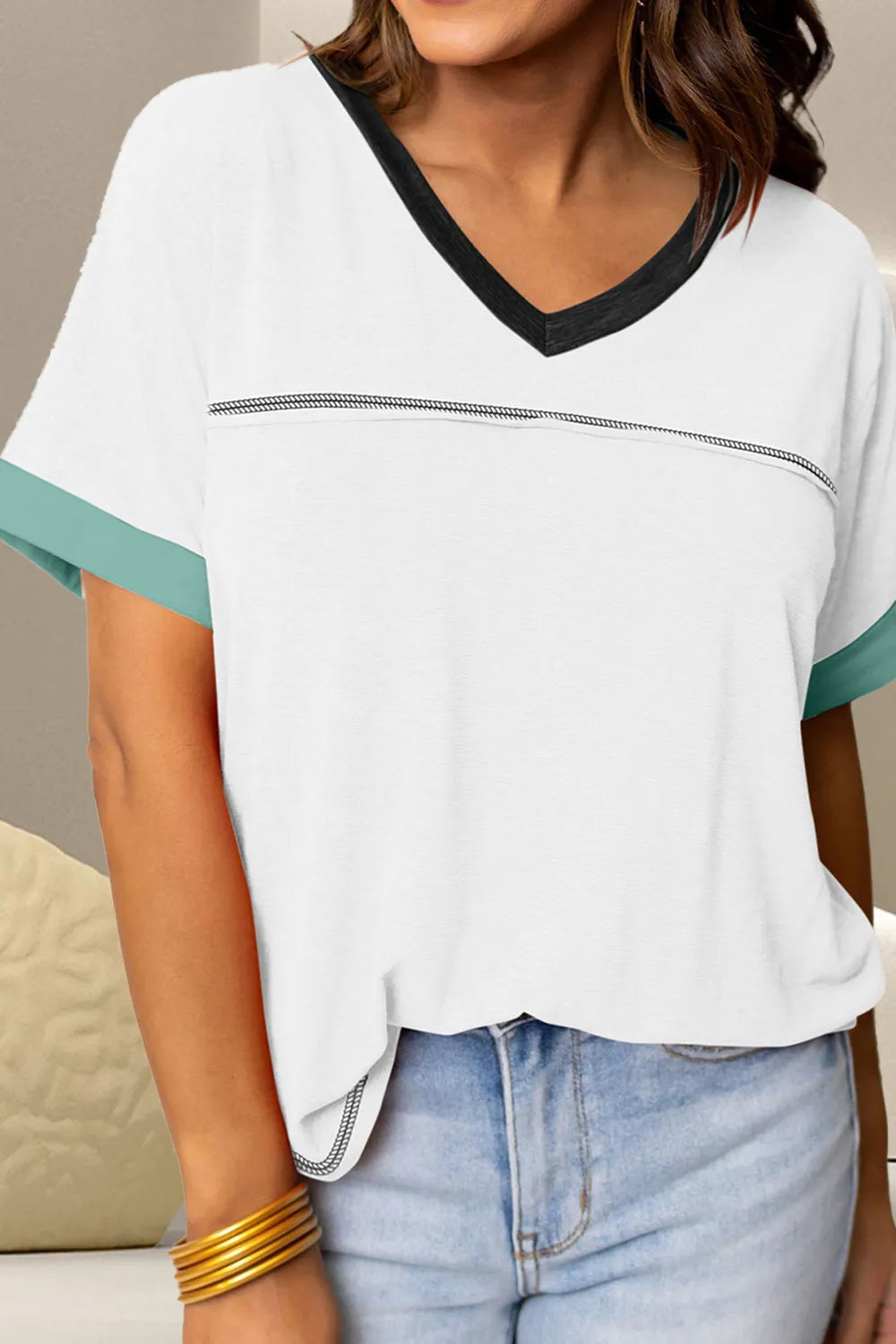 Color Block V-Neck Short Sleeve T-Shirt – Trendsi | ClozArt