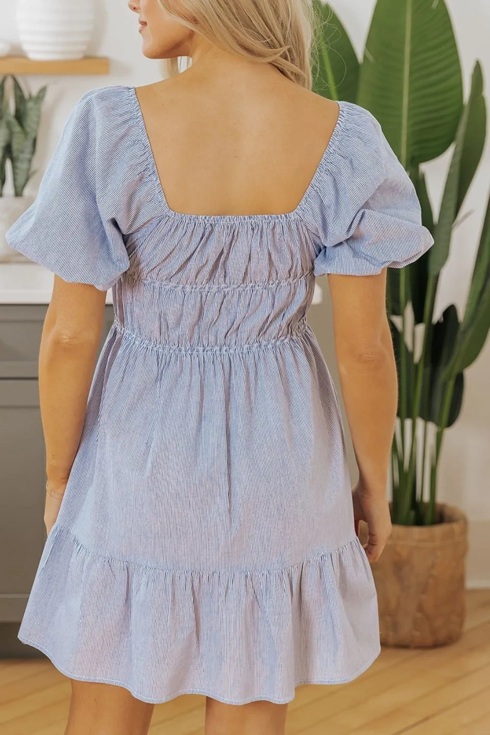 Striped Bubble Sleeve Ruched Babydoll Dress – Trendsi | ClozArt