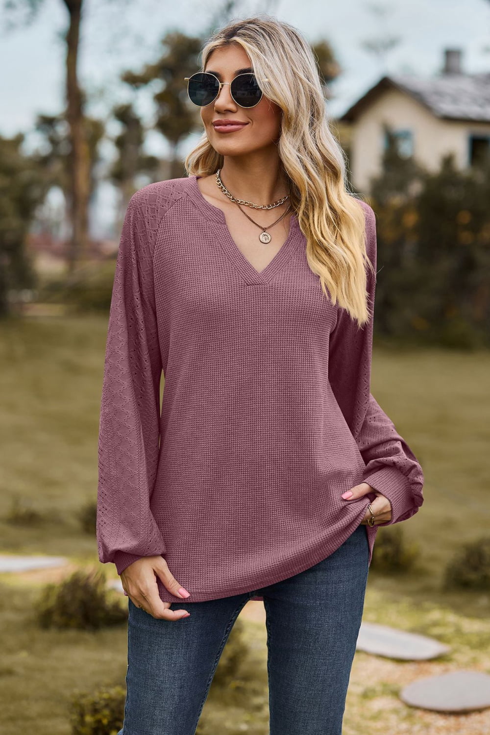 Notched Neck Raglan Sleeve Blouse – Trendsi | ClozArt