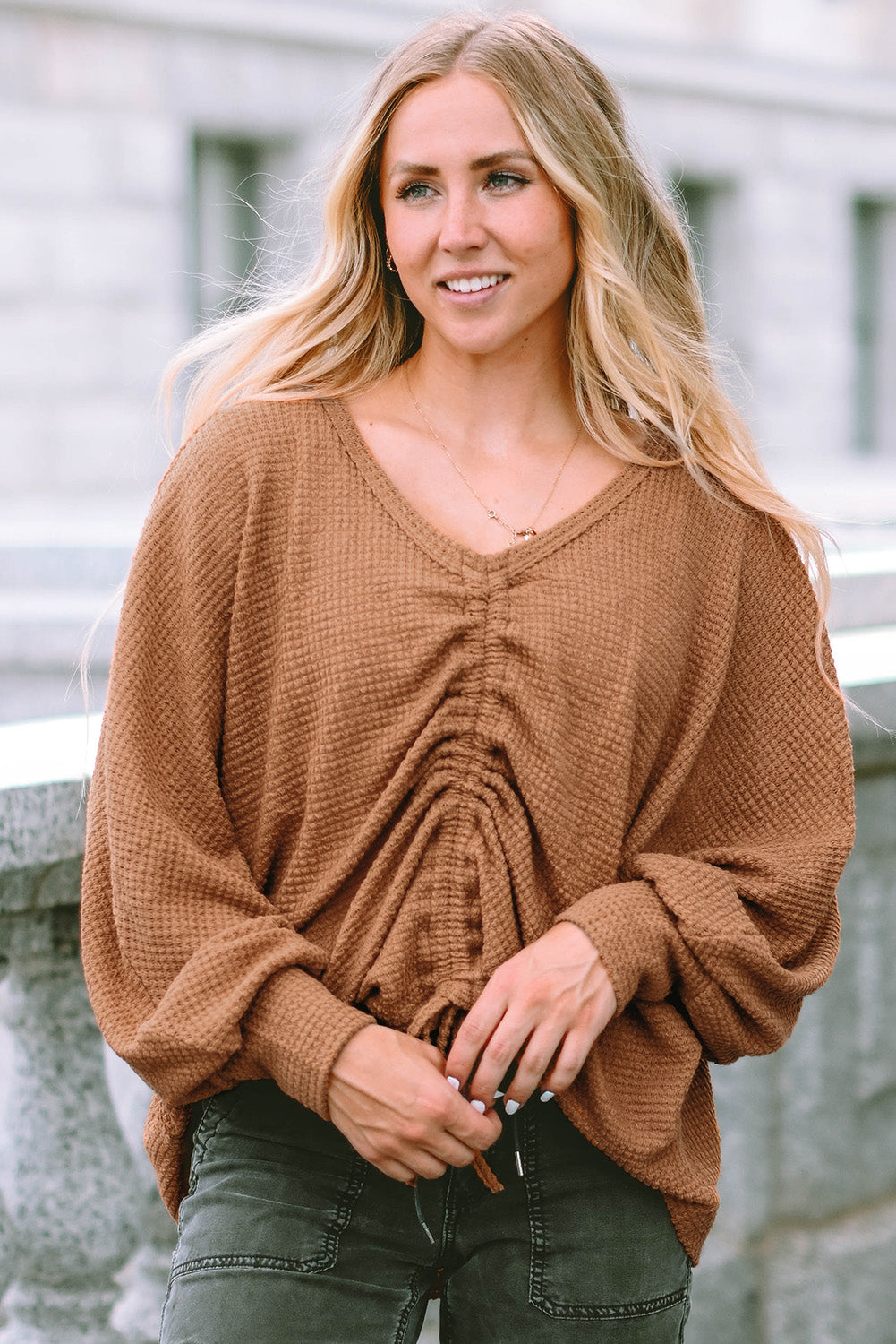 Drawstring Ruched V-Neck Blouse – Trendsi | ClozArt