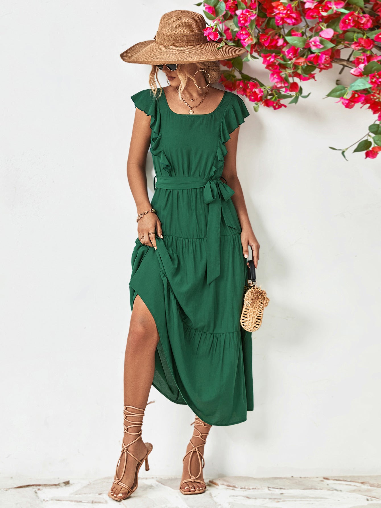 Tie Belt Ruffled Tiered Dress – Trendsi | ClozArt