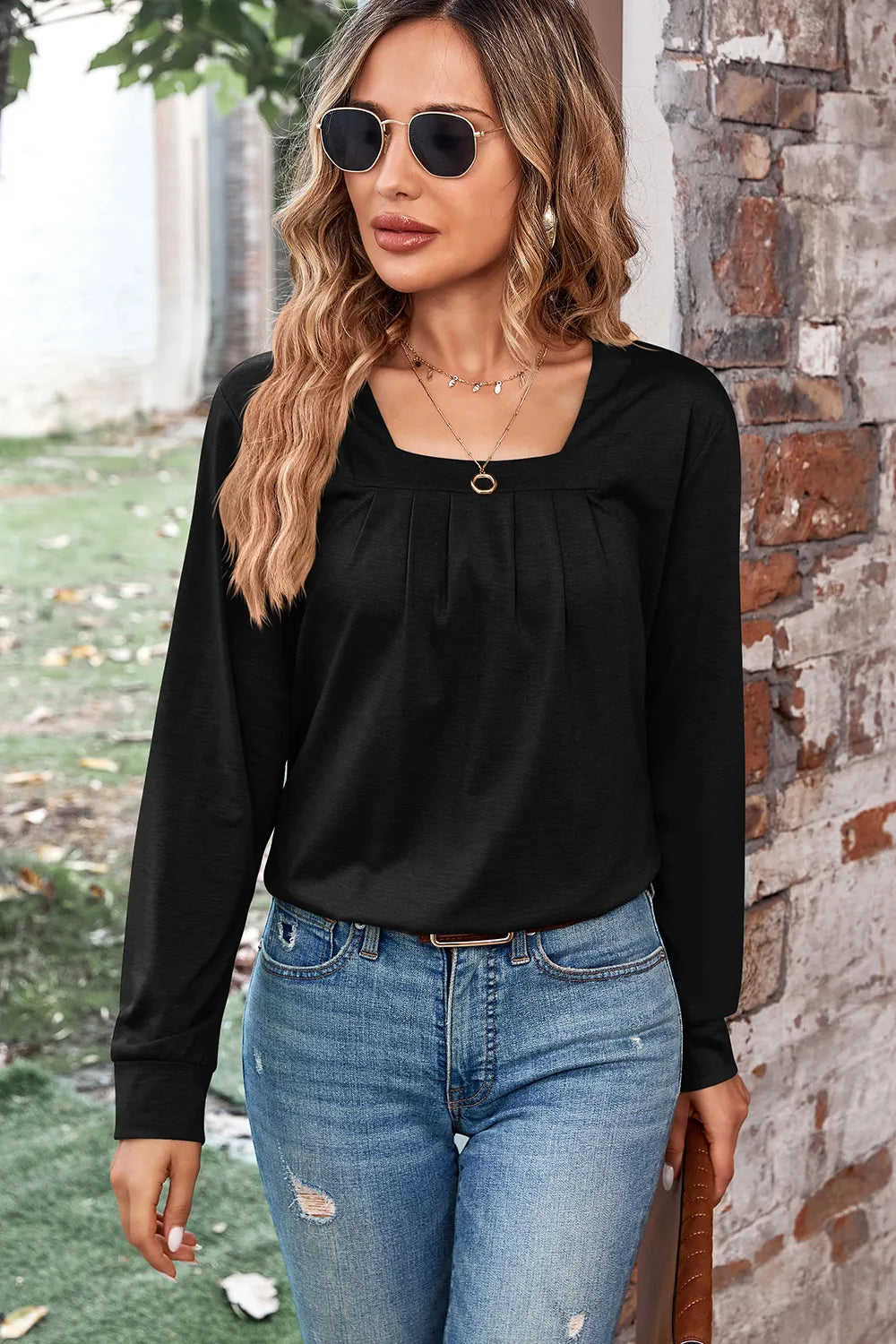 Ruched Square Neck Long Sleeve T-Shirt – Trendsi | ClozArt