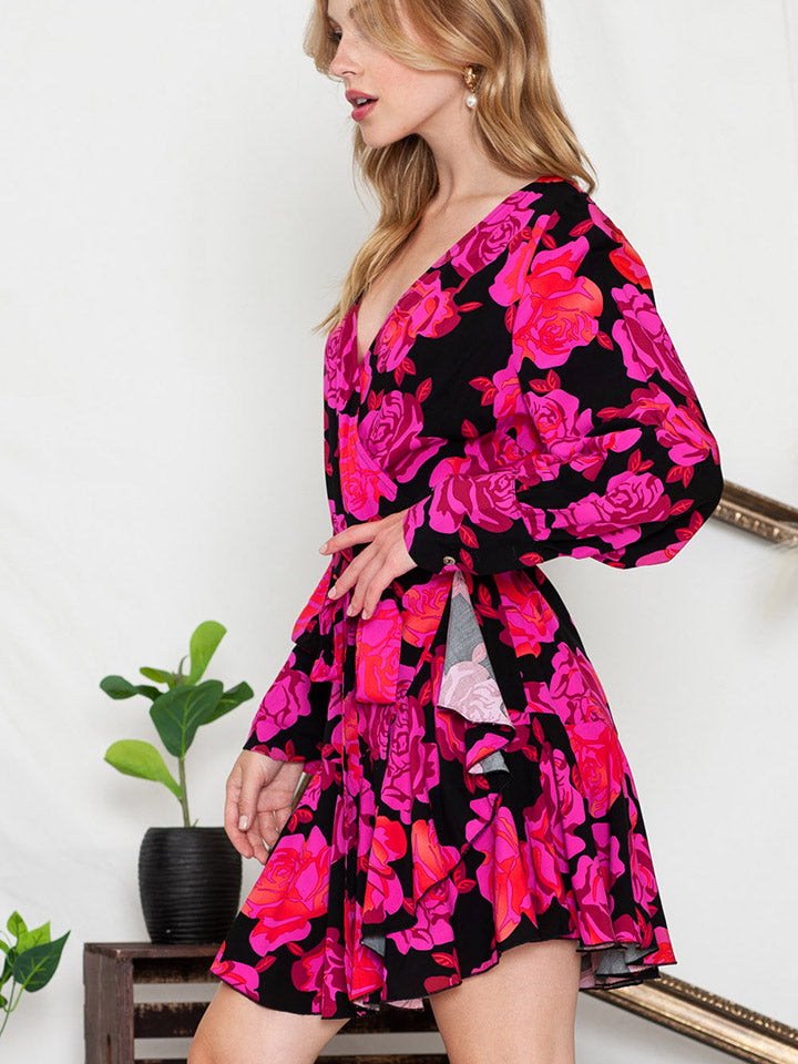 Floral Print Surplice Neck Long Sleeve Dress – Trendsi | ClozArt