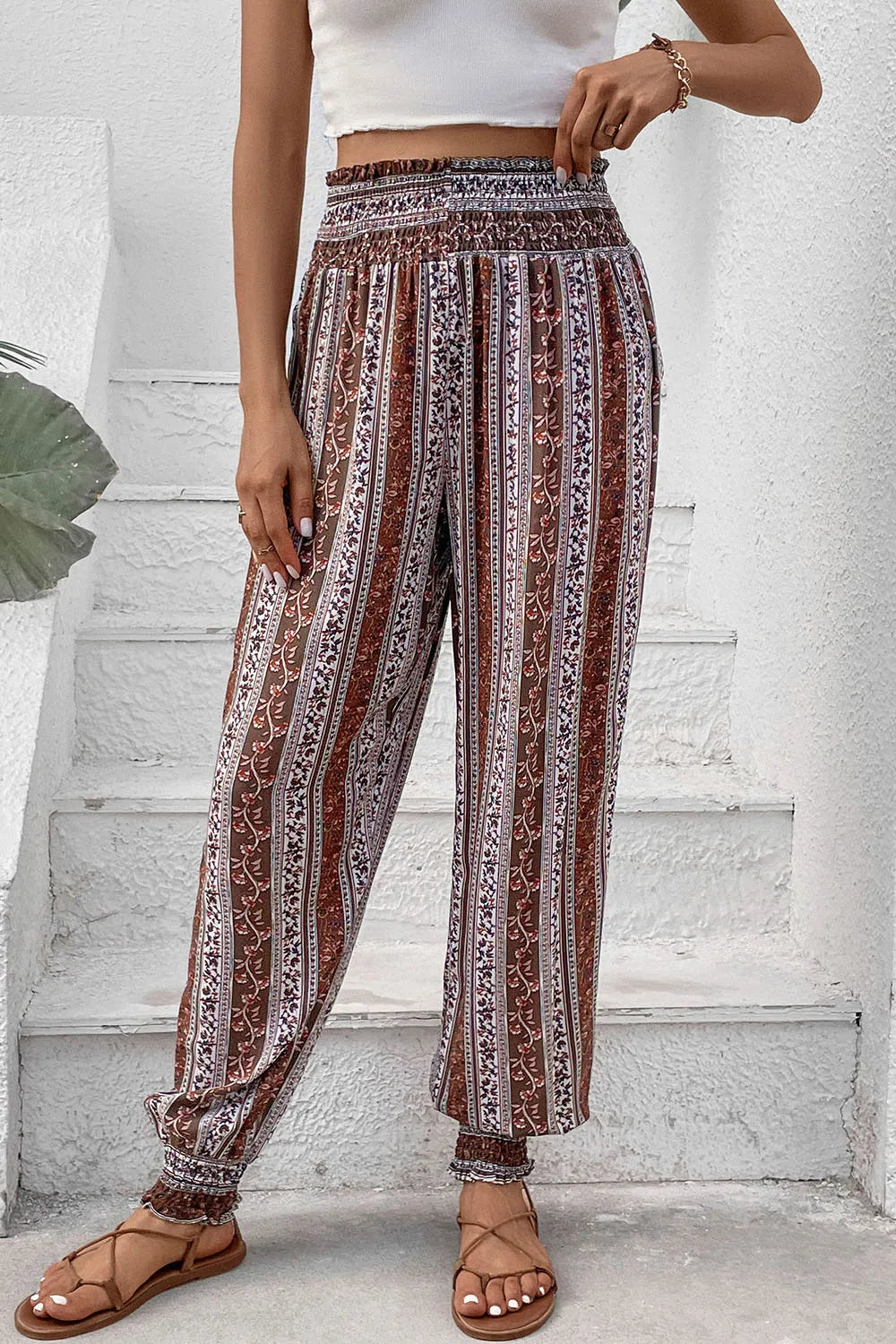 Perfee Smocked Printed High Waist Pants – Trendsi | ClozArt