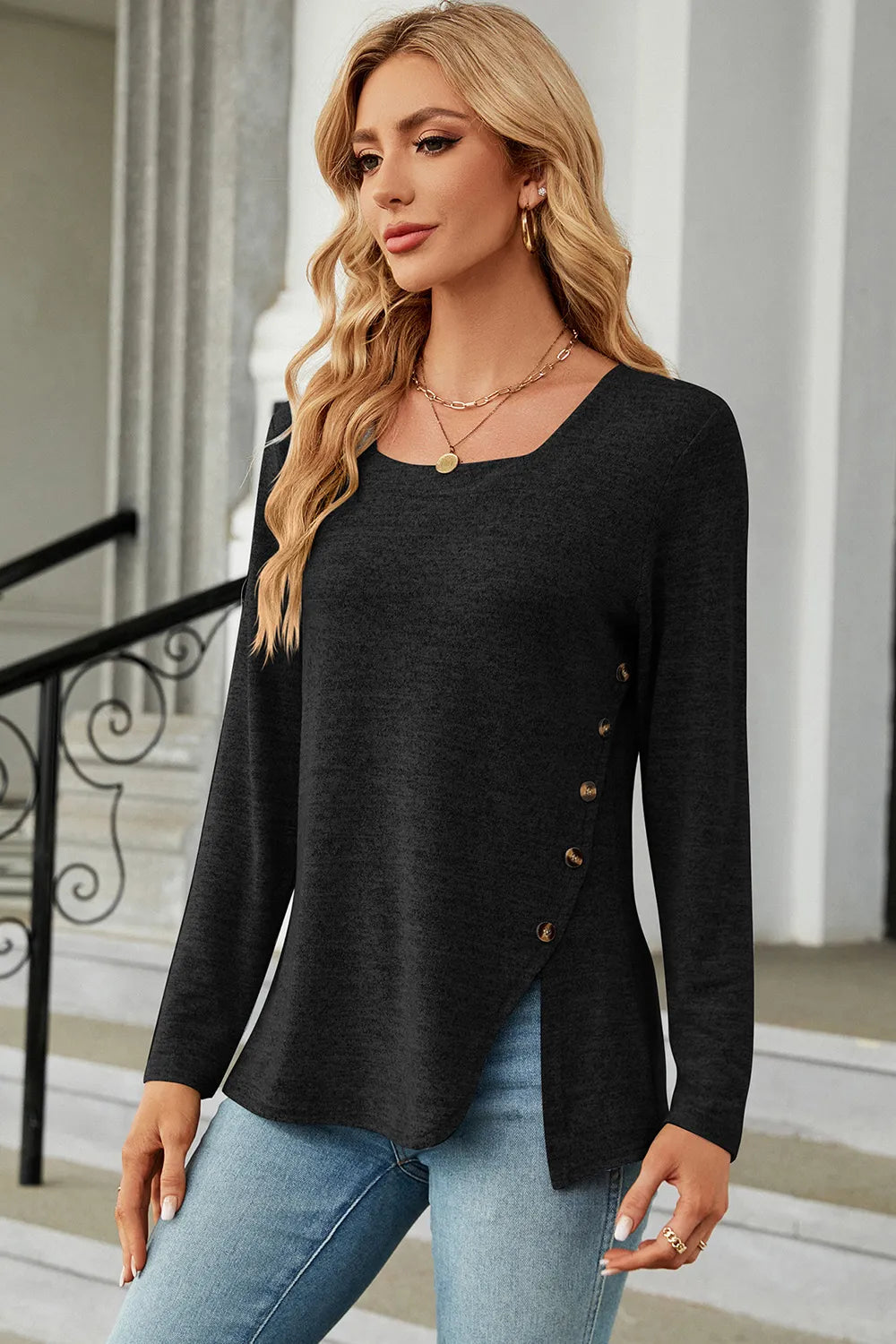 Slit Decorative Button Square Neck T-Shirt – Trendsi | ClozArt