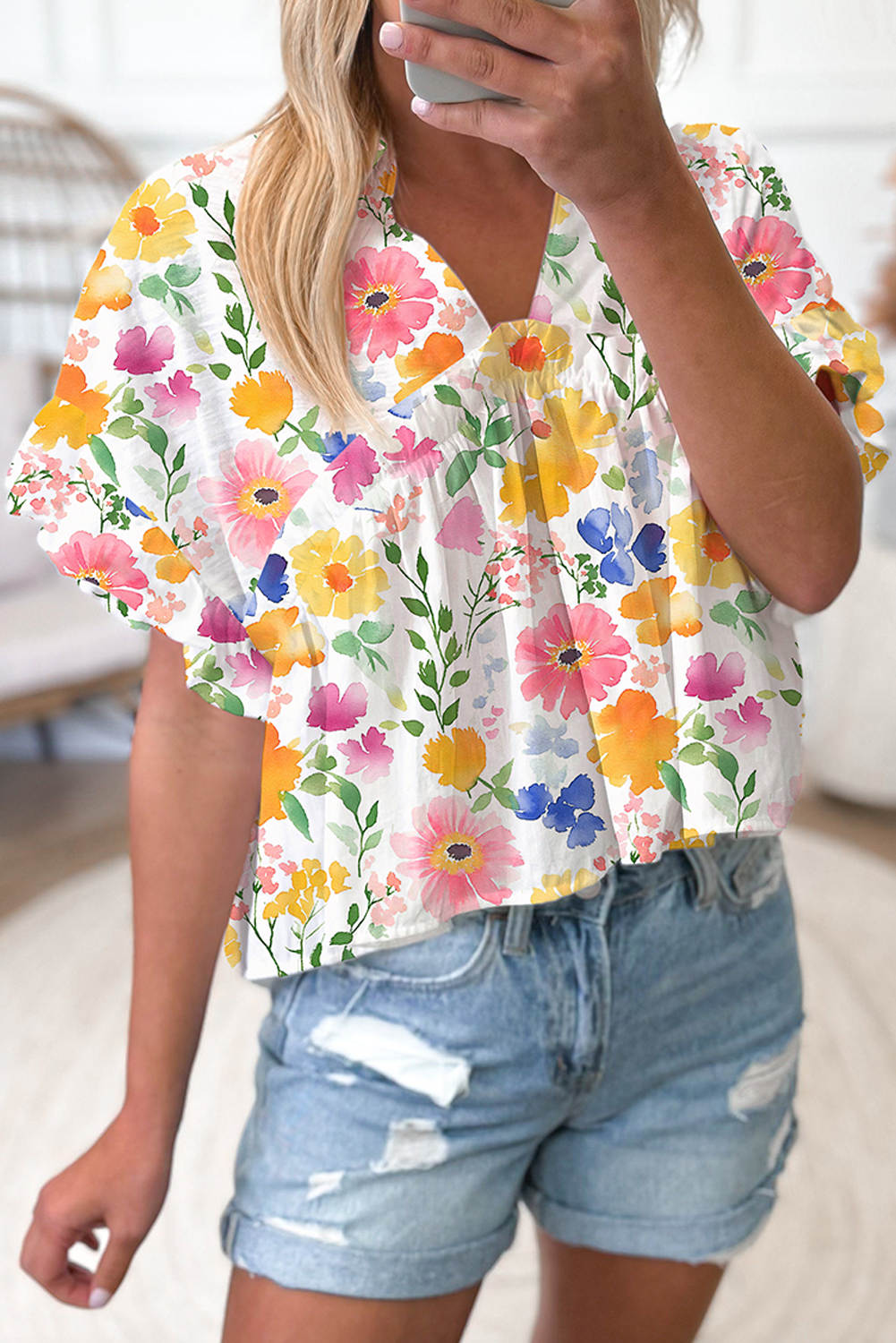 Yellow Allover Floral Print Boxy Fit V Neck Blouse – Shewin | ClozArt