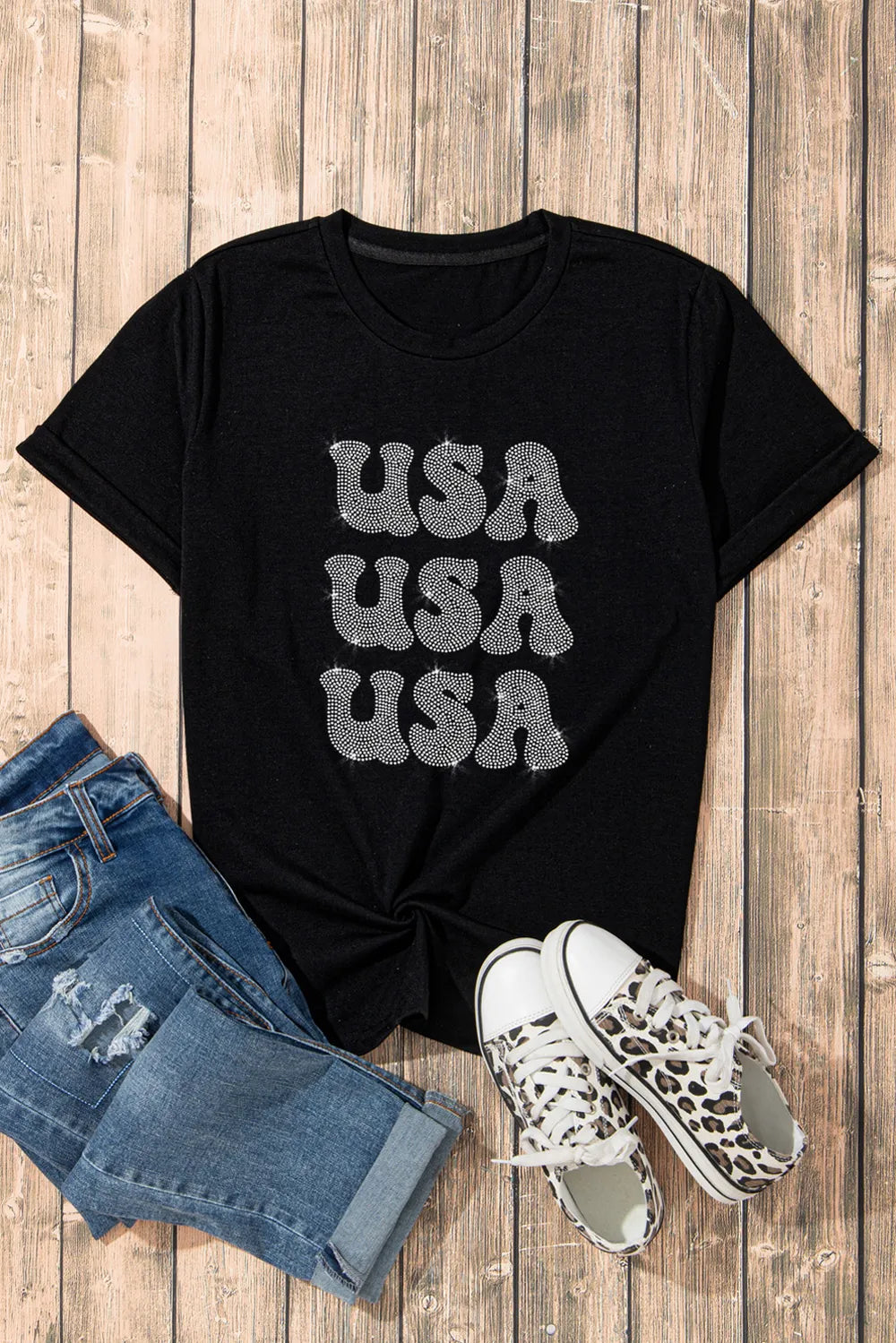 USA Rhinestone Round Neck Short Sleeve T-Shirt – Trendsi | ClozArt