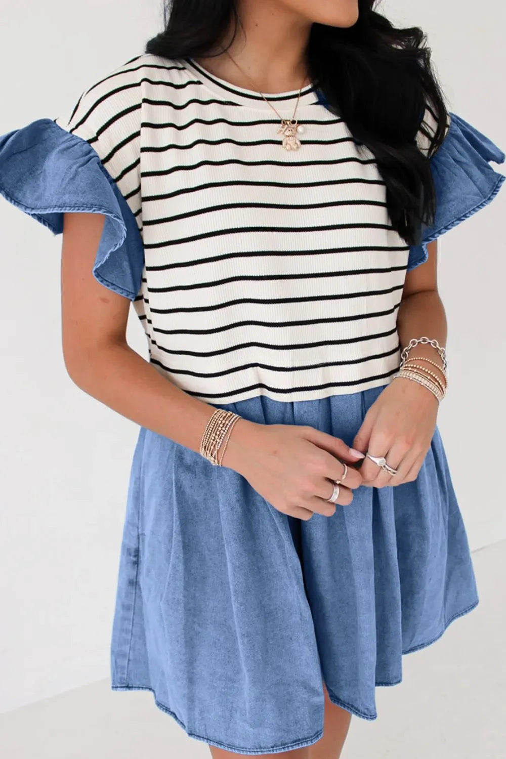 Stripe Ruffle Denim Patchwork Round Neck Mini Dress – Trendsi | ClozArt