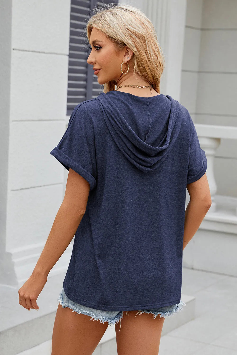 Half Button Drawstring Short Sleeve Hooded T-Shirt – Trendsi | ClozArt