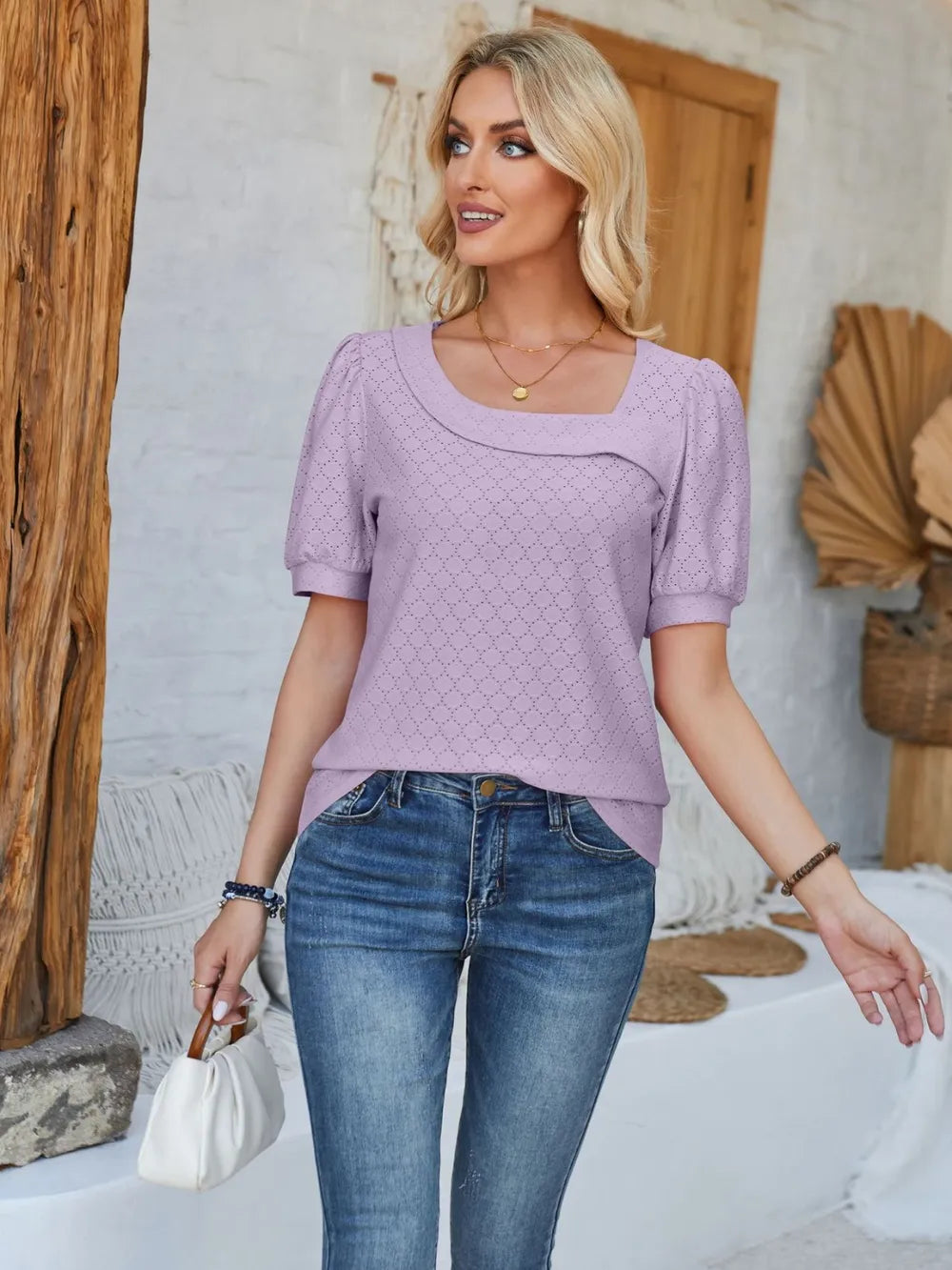 Eyelet Asymmetrical Neck Short Sleeve T-Shirt – Trendsi | ClozArt