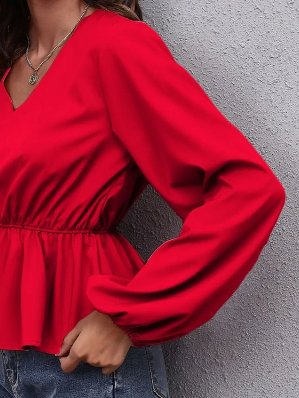 V-Neck Balloon Sleeve Peplum Blouse – Trendsi | ClozArt