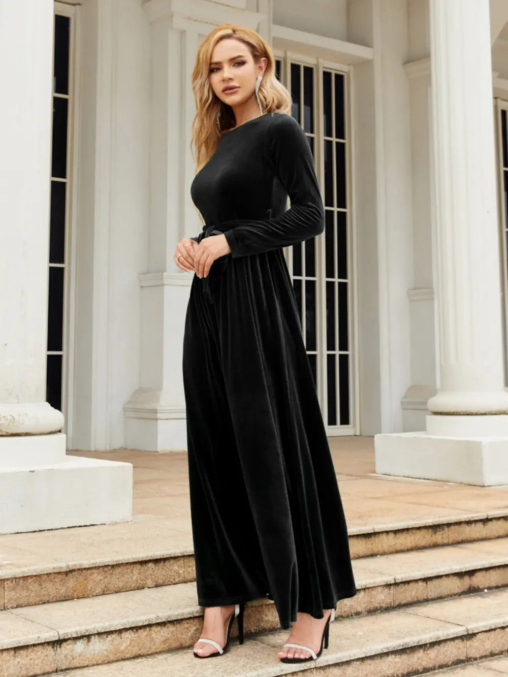Tie Front Round Neck Long Sleeve Maxi Dress – Trendsi | ClozArt