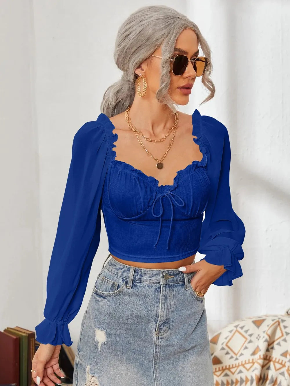 Mesh Sweetheart Neck Flounce Sleeve Top – Trendsi | ClozArt